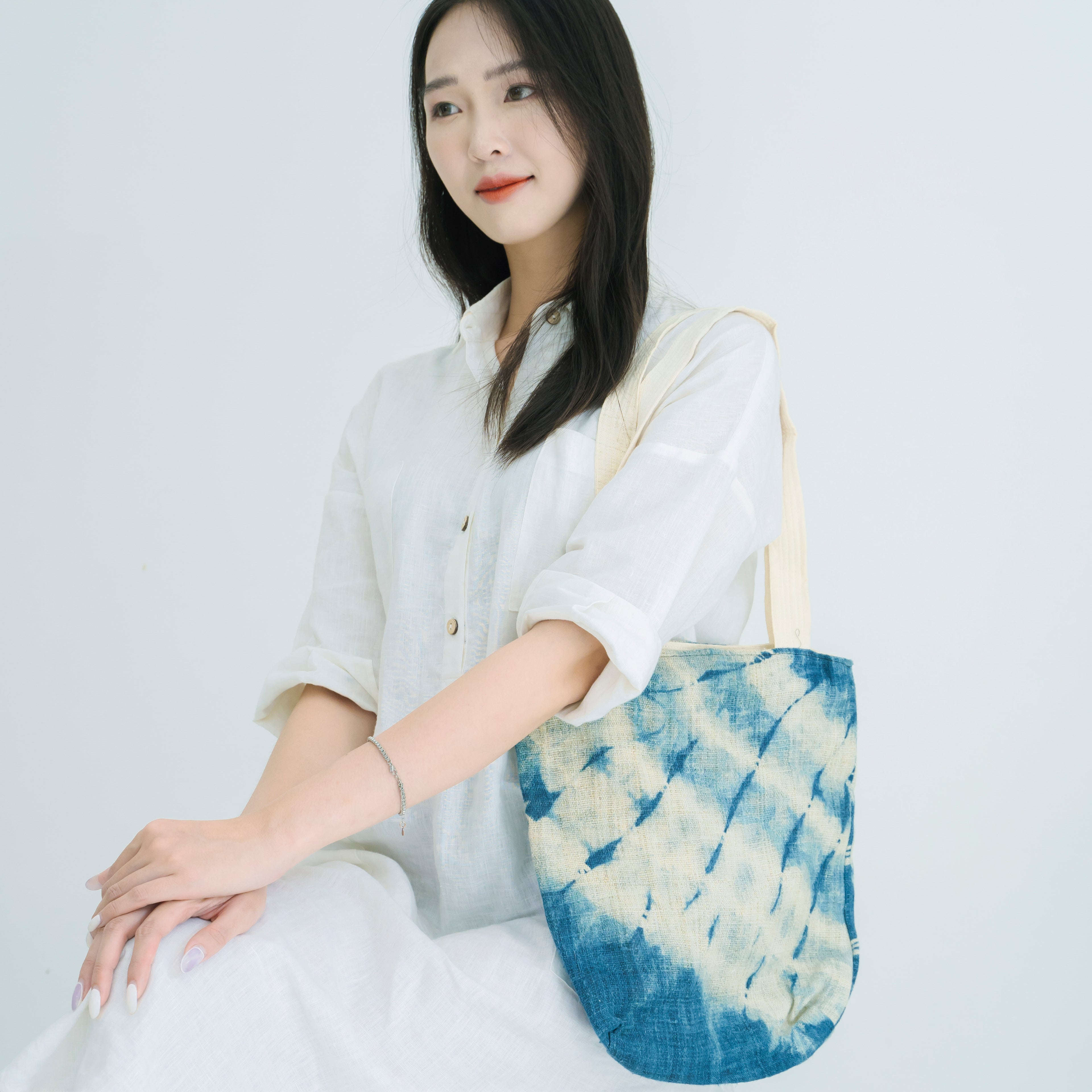 Hmong Gradient Ombre Tote Bag - Hand-Dyed Indigo Fade Brocade - Traditional Hill Tribe Artisan Shoulder Bag