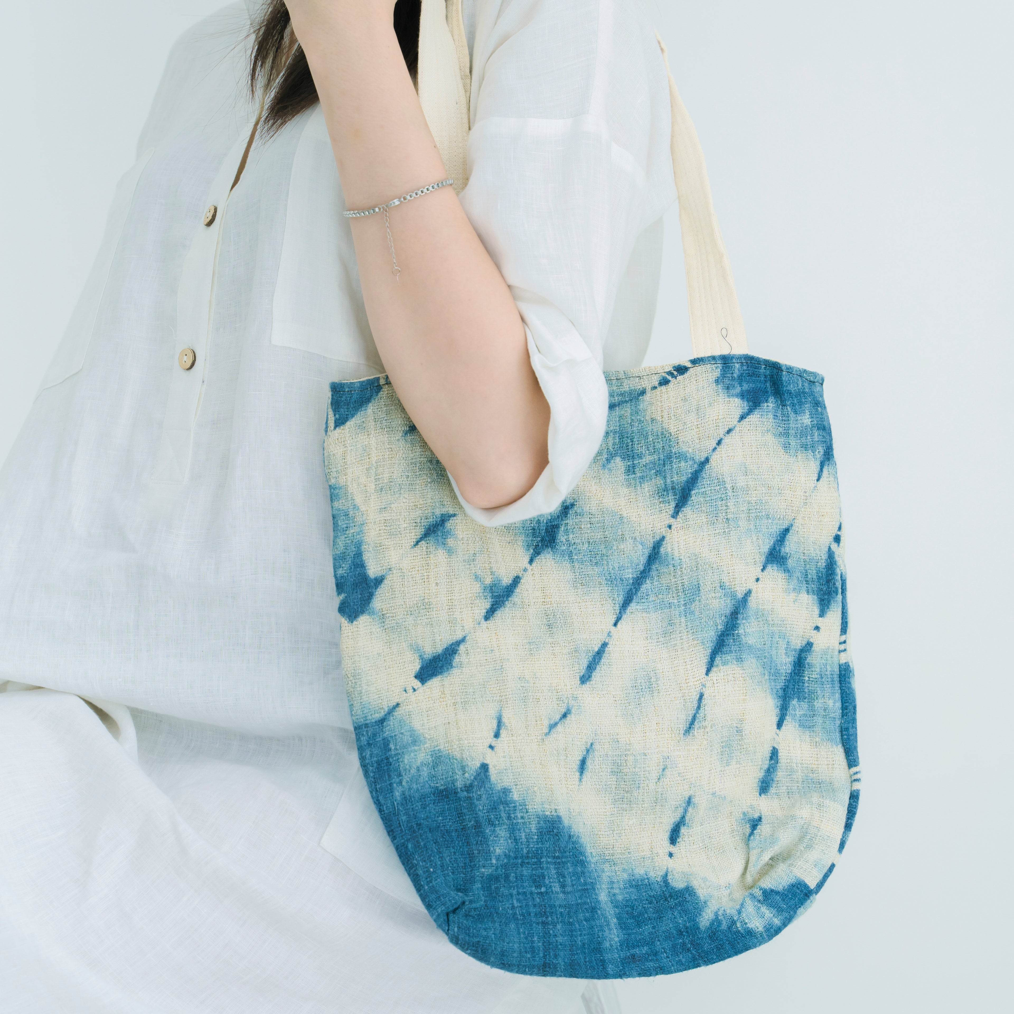 Hmong Gradient Ombre Tote Bag - Hand-Dyed Indigo Fade Brocade - Traditional Hill Tribe Artisan Shoulder Bag