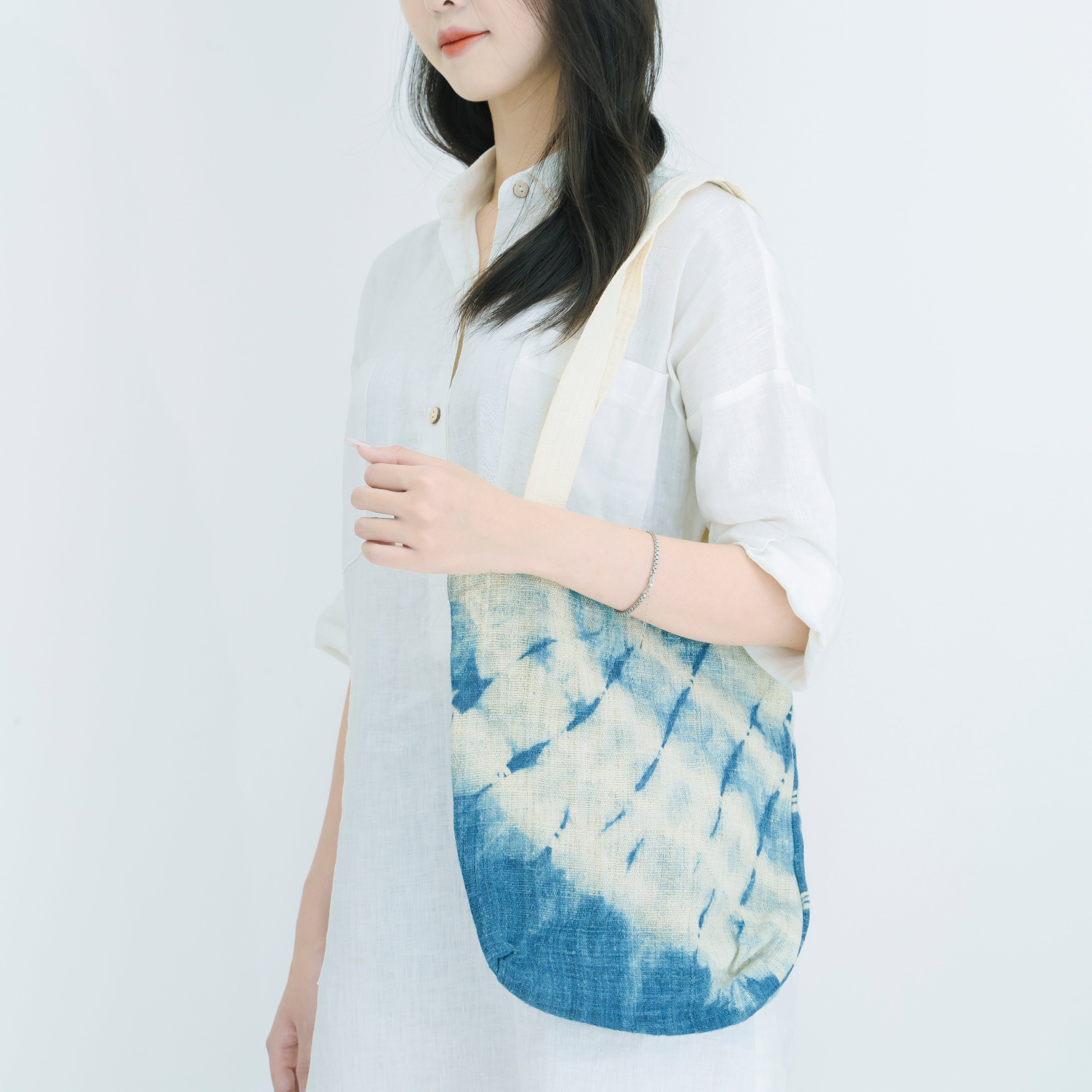 Hmong Gradient Ombre Tote Bag - Hand-Dyed Indigo Fade Brocade - Traditional Hill Tribe Artisan Shoulder Bag