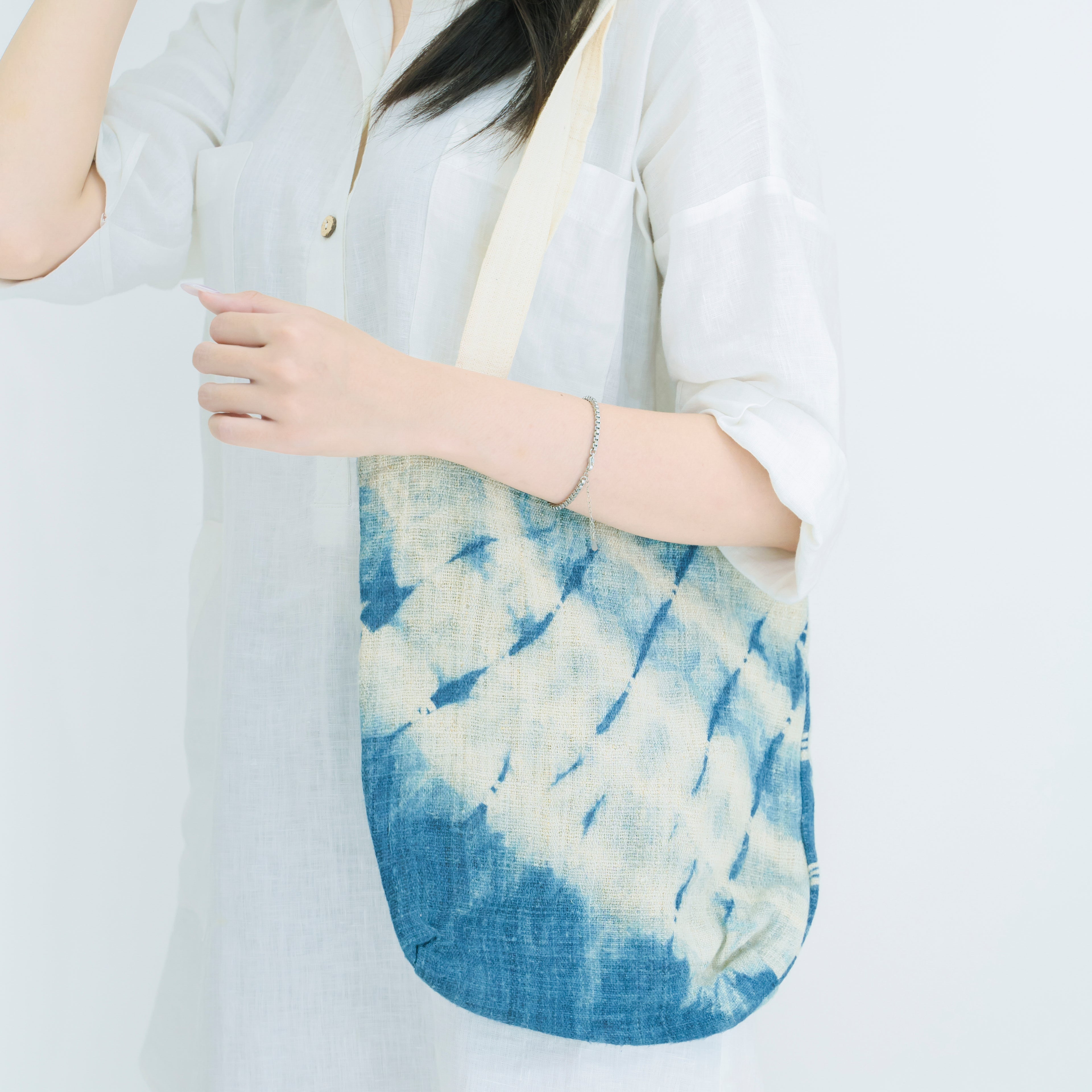 Hmong Gradient Ombre Tote Bag - Hand-Dyed Indigo Fade Brocade - Traditional Hill Tribe Artisan Shoulder Bag