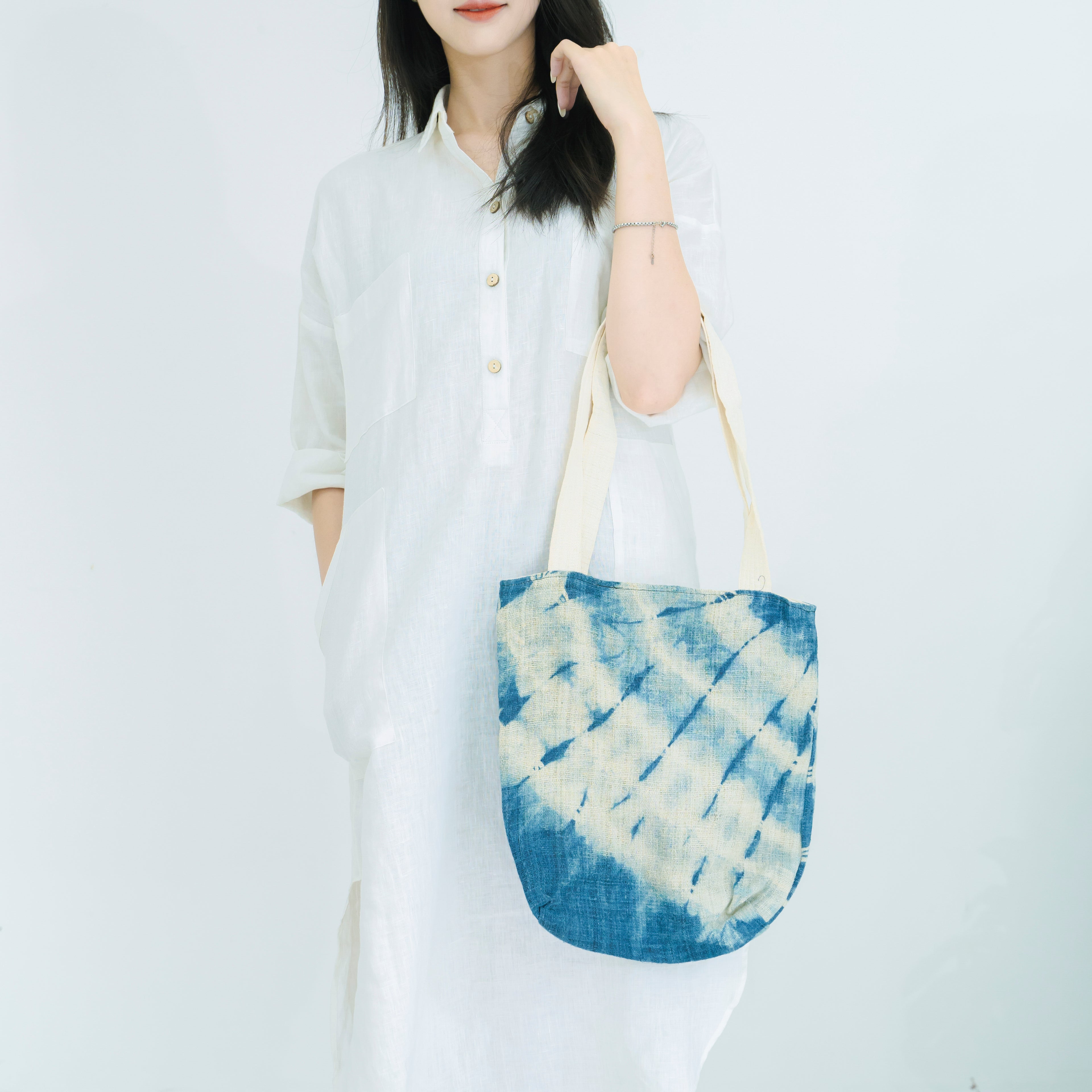 Hmong Gradient Ombre Tote Bag - Hand-Dyed Indigo Fade Brocade - Traditional Hill Tribe Artisan Shoulder Bag