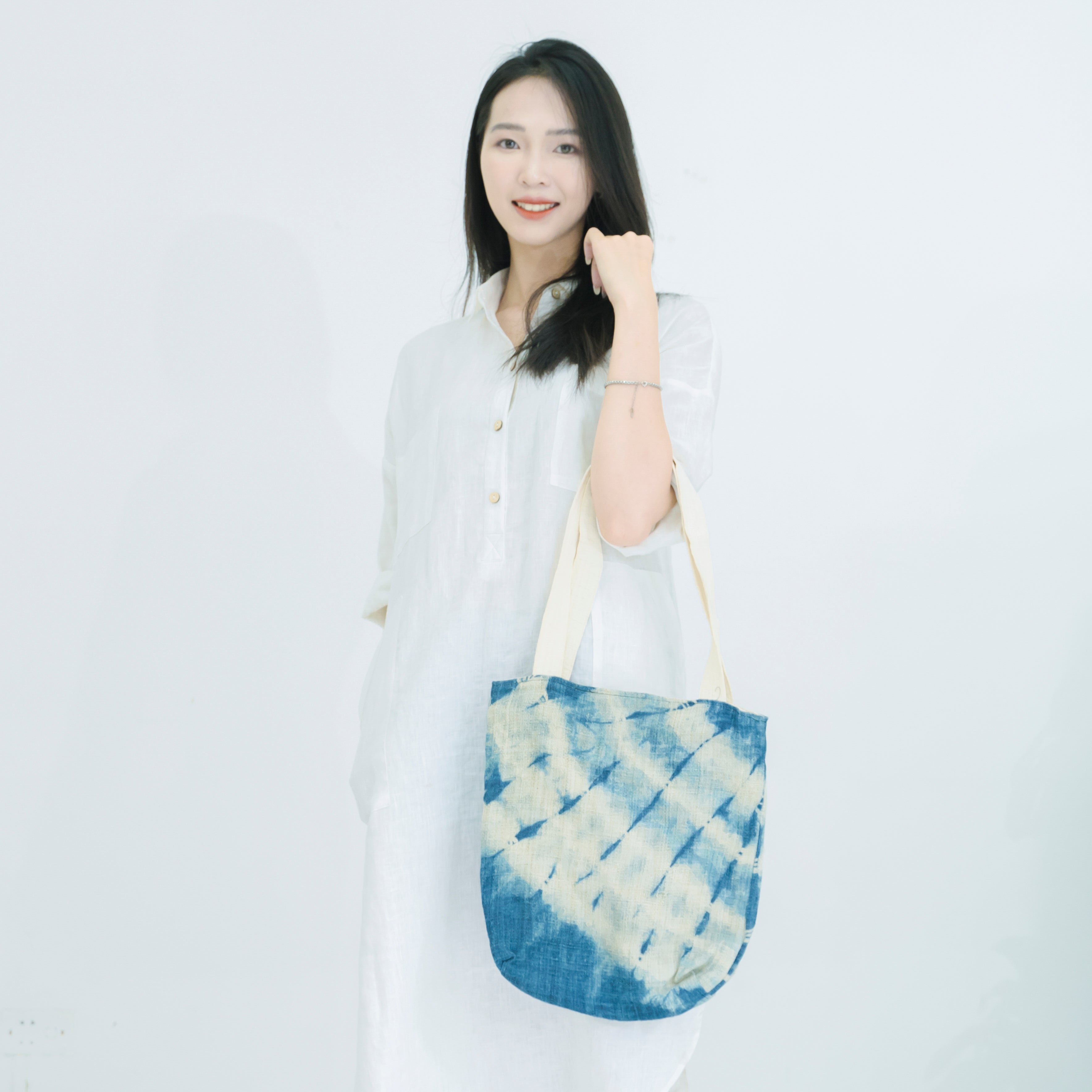 Hmong Gradient Ombre Tote Bag - Hand-Dyed Indigo Fade Brocade - Traditional Hill Tribe Artisan Shoulder Bag