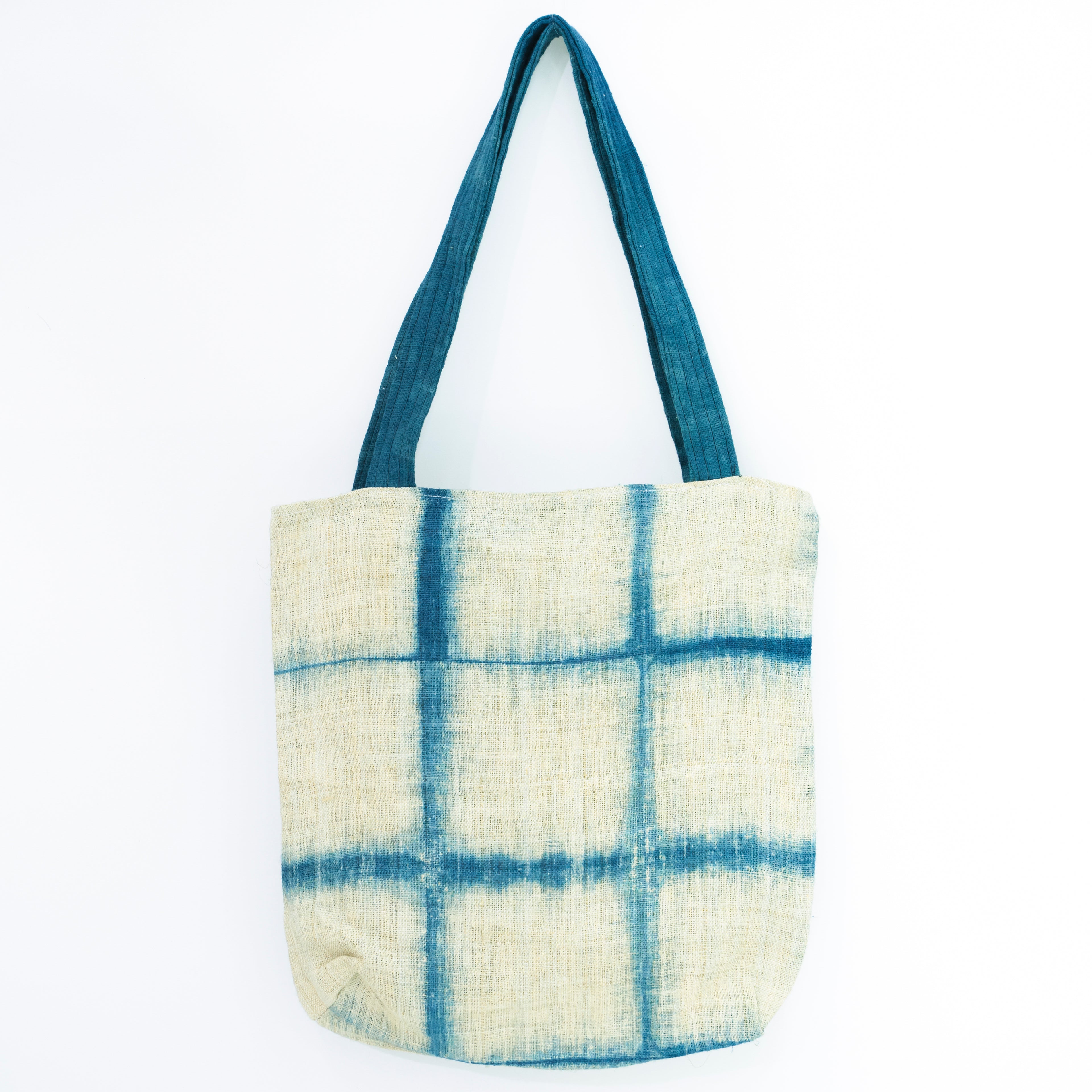 Handcrafted Indigo Grid Tote Bag - Hmong Shibori Pattern Hand-Dyed Brocade Shoulder Bag