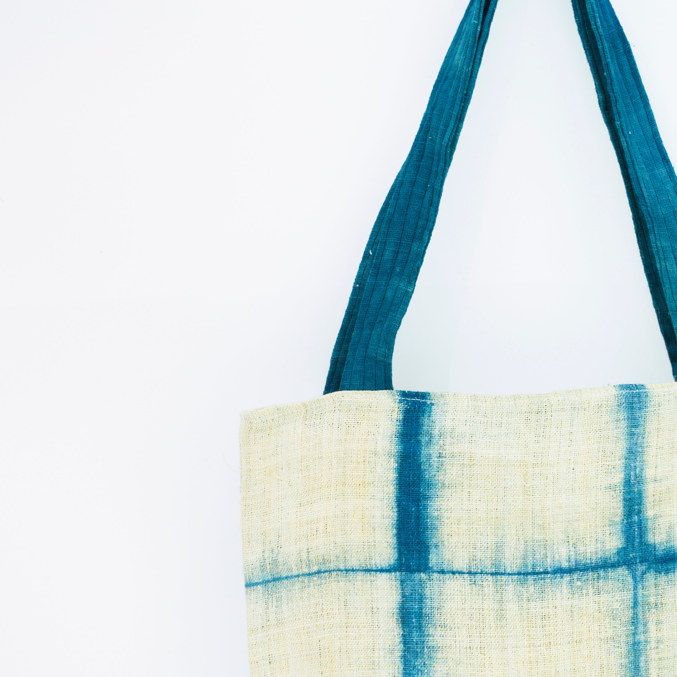 Handcrafted Indigo Grid Tote Bag - Hmong Shibori Pattern Hand-Dyed Brocade Shoulder Bag