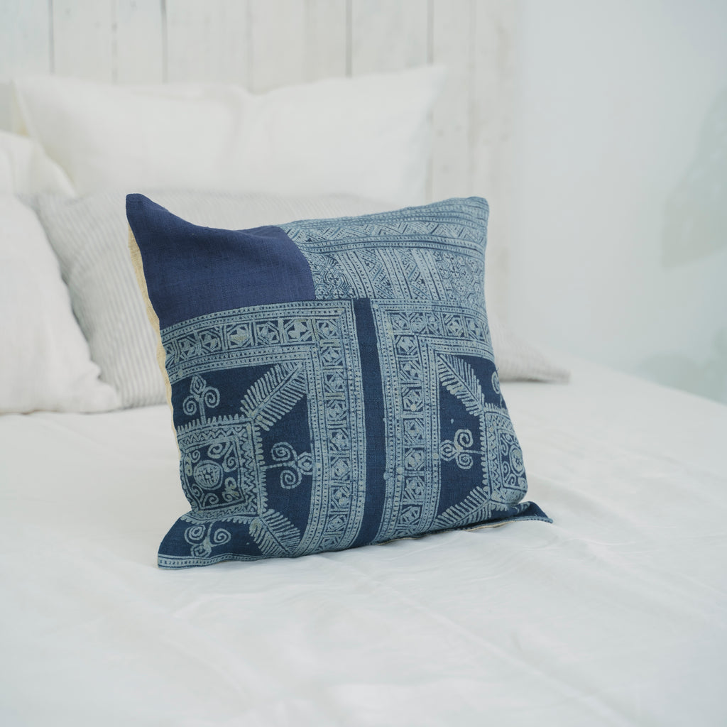 Hmong Patchwork Batik Sofa Pillow Cover - Hand-Drawn Beeswax on Brocade Mosaic - One-of-a-Kind Hill Tribe Artisan Cushion