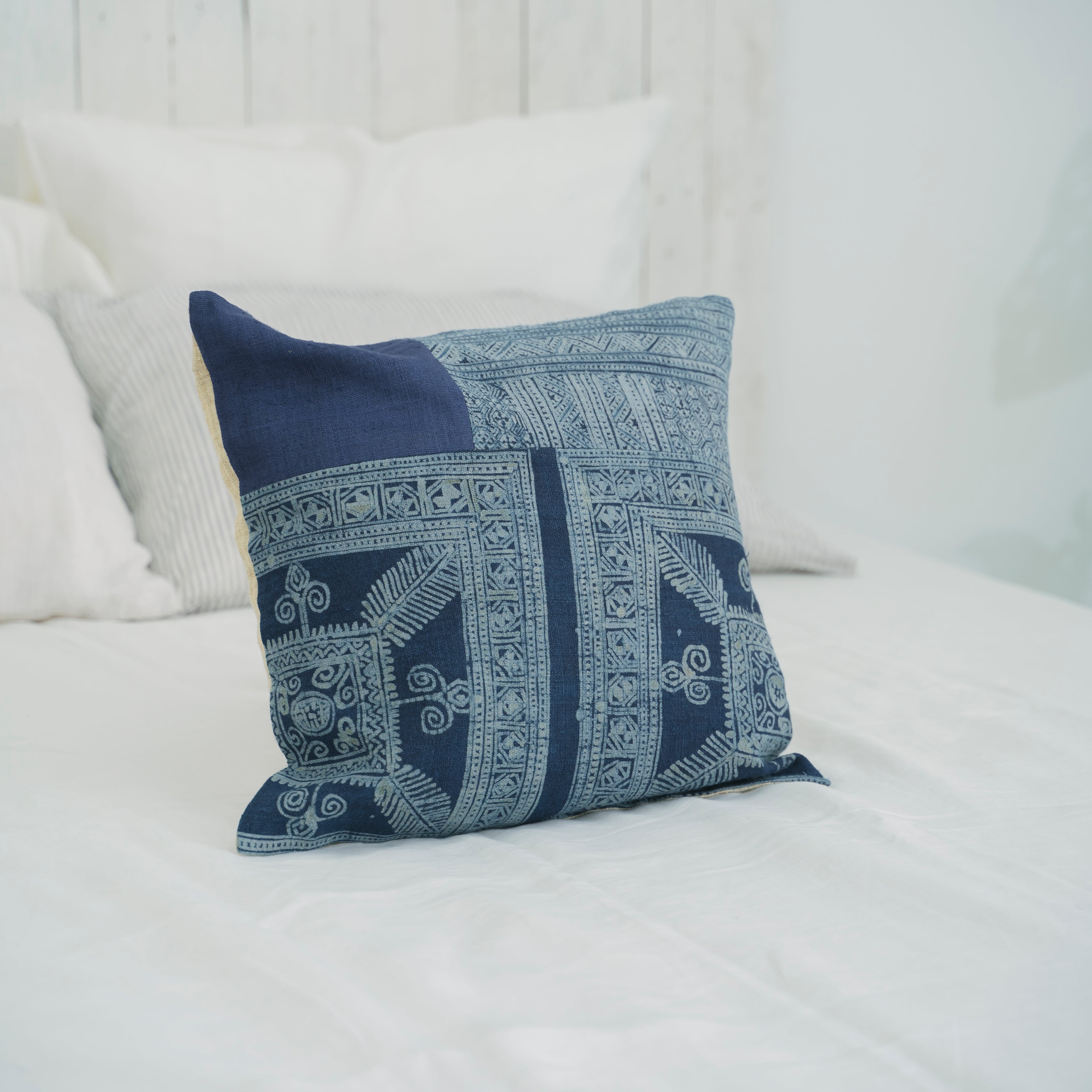 Hmong Patchwork Batik Sofa Pillow Cover - Hand-Drawn Beeswax on Brocade Mosaic - One-of-a-Kind Hill Tribe Artisan Cushion