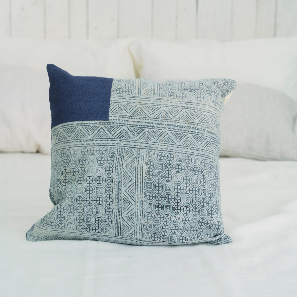 Hmong Patchwork Batik Pillow Cover - Hand-Drawn Beeswax Indigo Brocade - One-of-a-Kind Hill Tribe Artisan Cushion