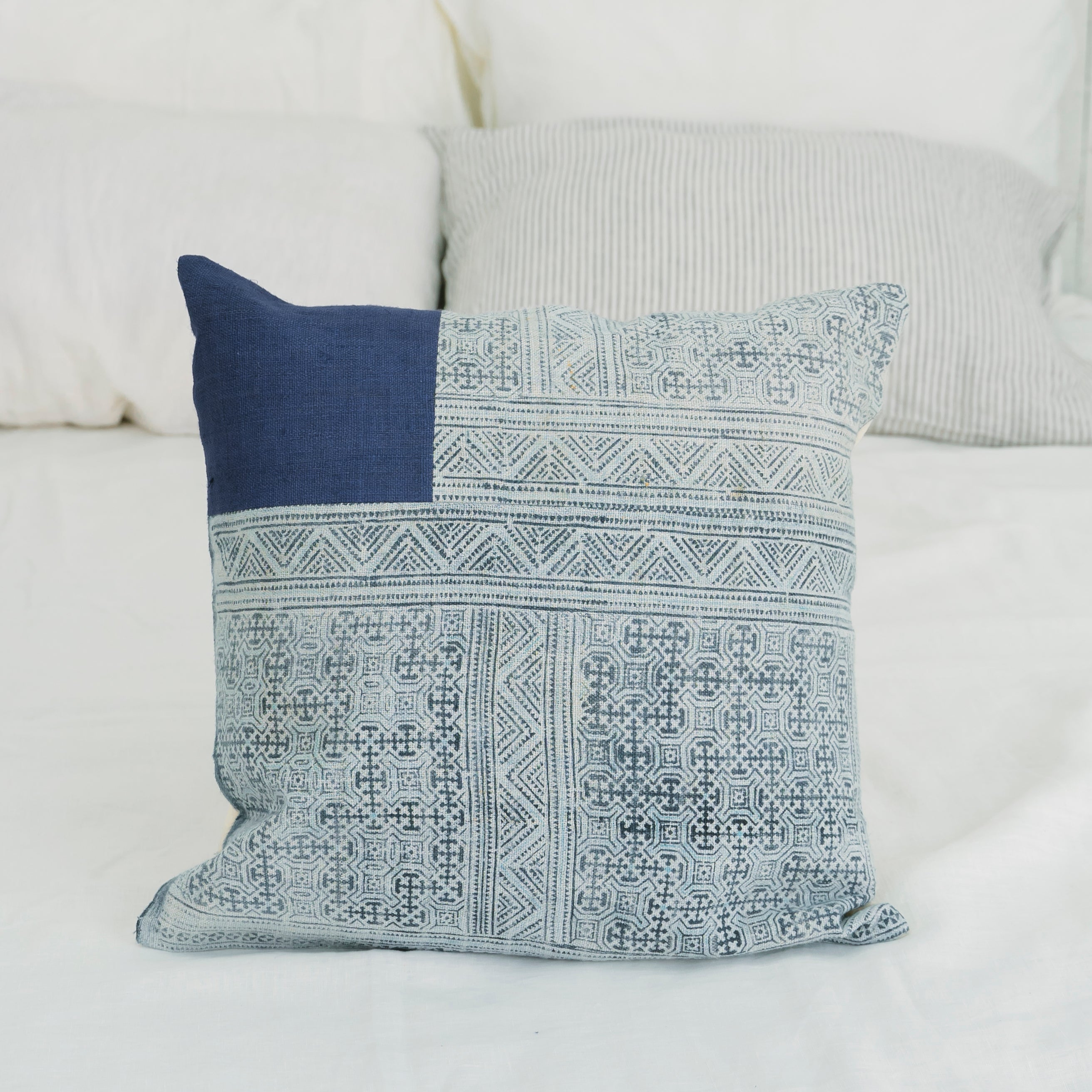 Hmong Patchwork Batik Pillow Cover - Hand-Drawn Beeswax Indigo Brocade - One-of-a-Kind Hill Tribe Artisan Cushion