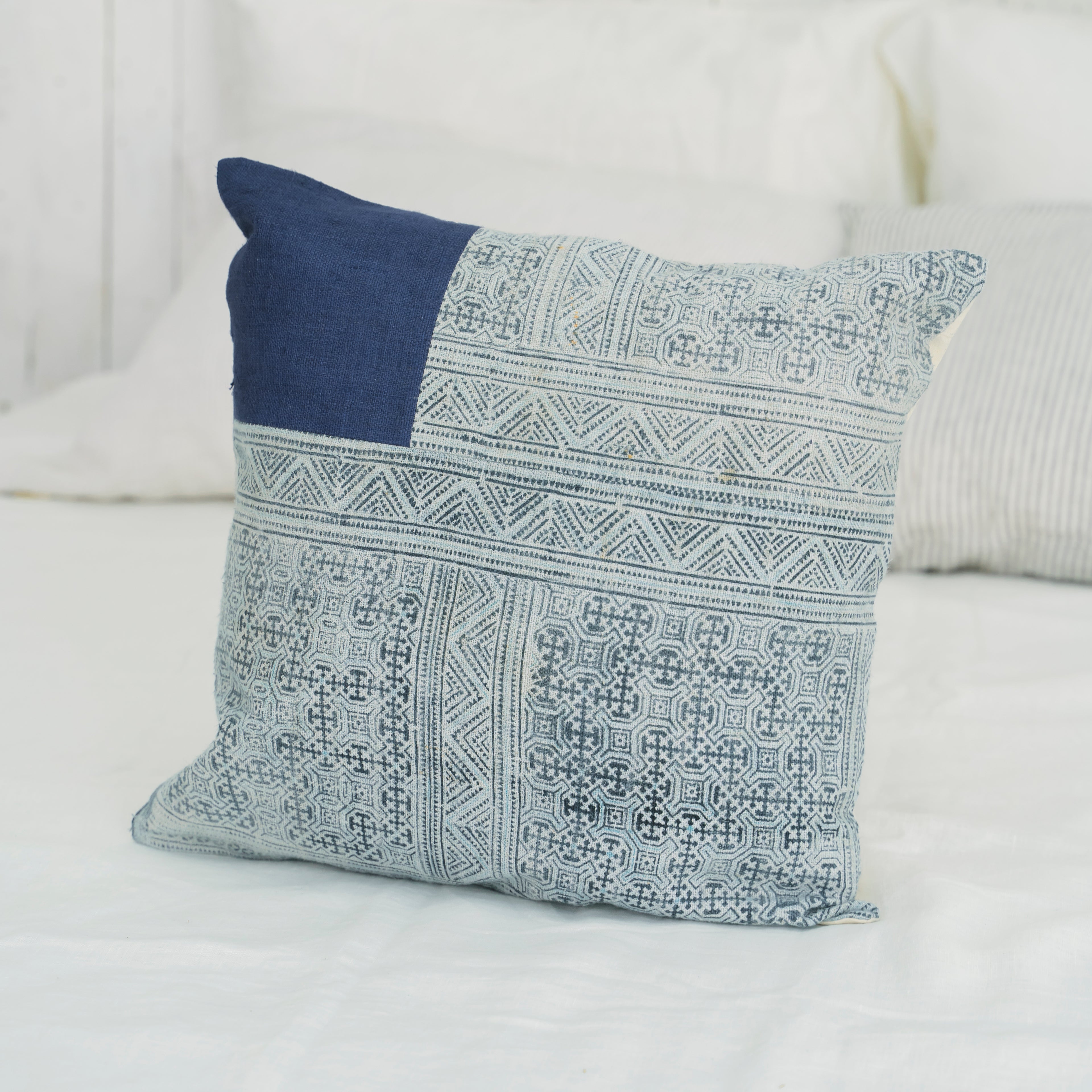 Hmong Patchwork Batik Pillow Cover - Hand-Drawn Beeswax Indigo Brocade - One-of-a-Kind Hill Tribe Artisan Cushion