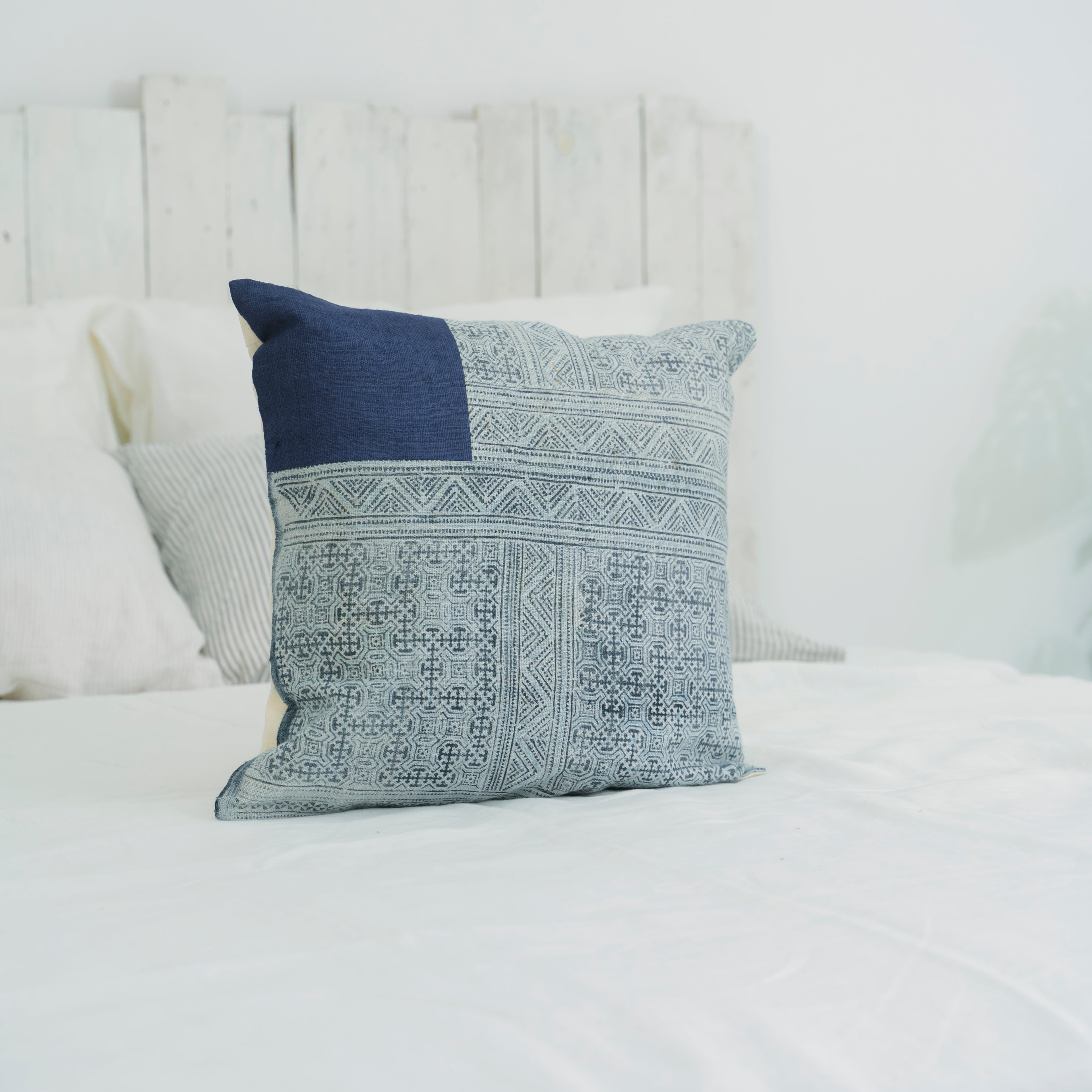 Hmong Patchwork Batik Pillow Cover - Hand-Drawn Beeswax Indigo Brocade - One-of-a-Kind Hill Tribe Artisan Cushion