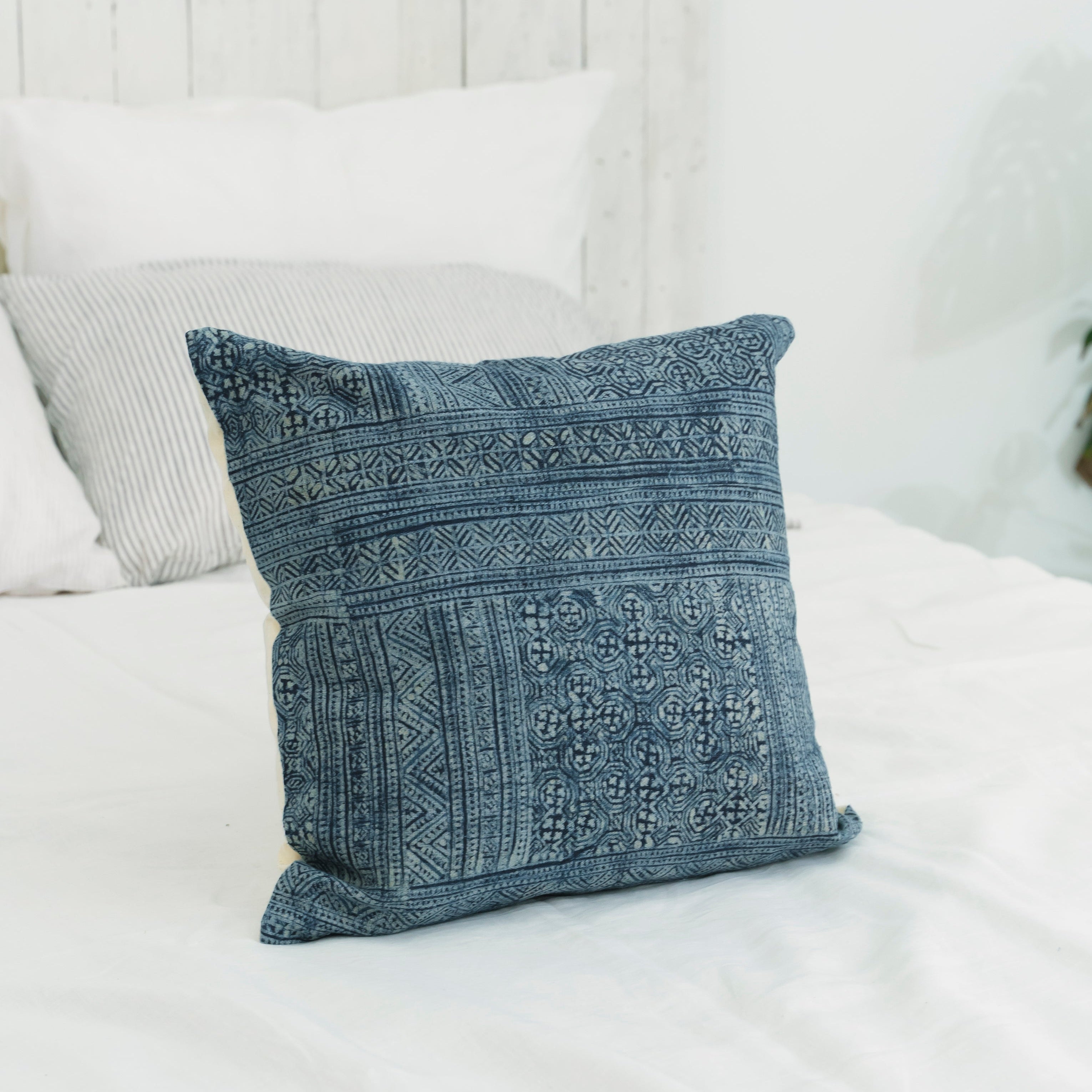 Hmong Full Batik Pillow Cover - Hand-Drawn Beeswax Indigo Brocade - Traditional Hill Tribe Artisan Cushion