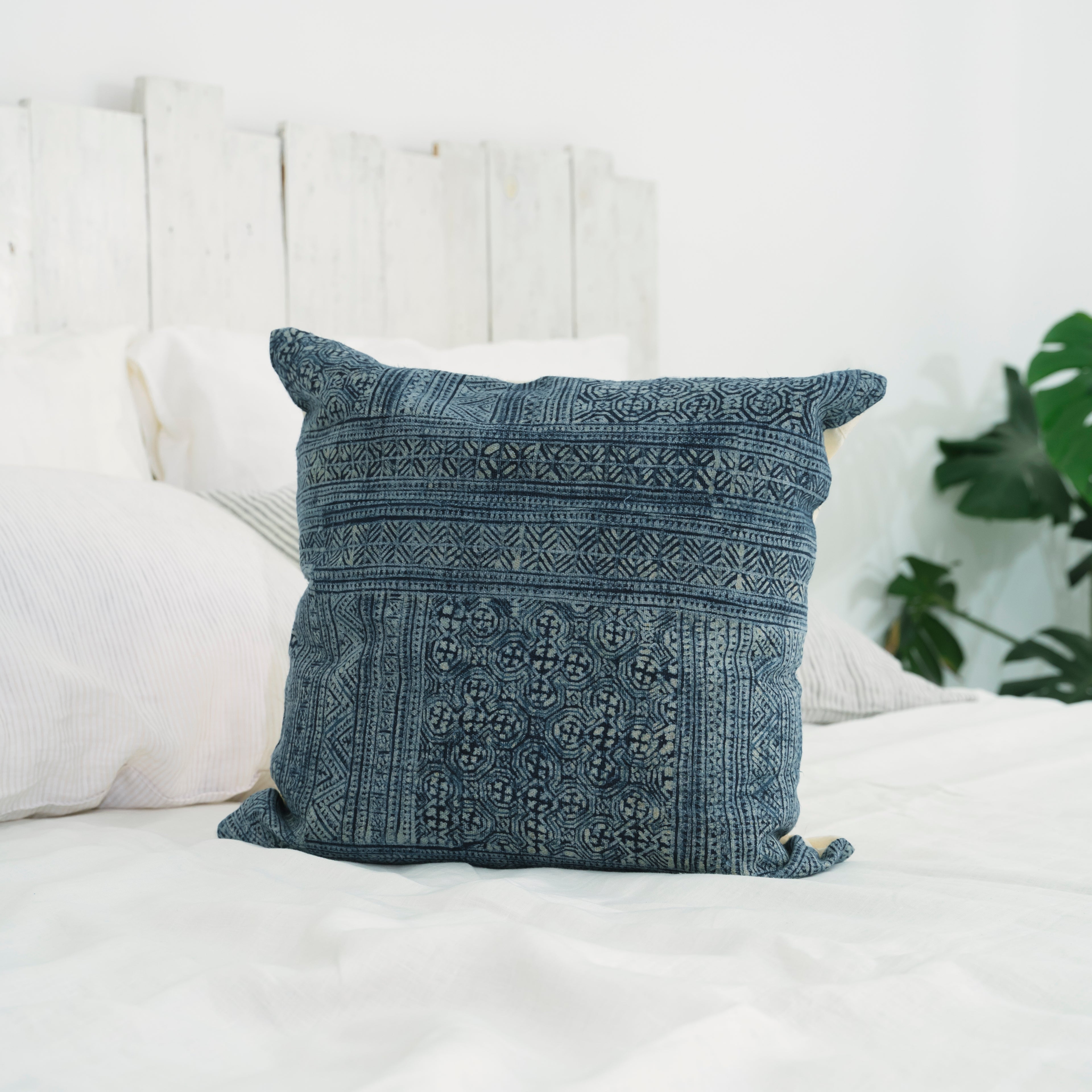 Hmong Full Batik Pillow Cover - Hand-Drawn Beeswax Indigo Brocade - Traditional Hill Tribe Artisan Cushion