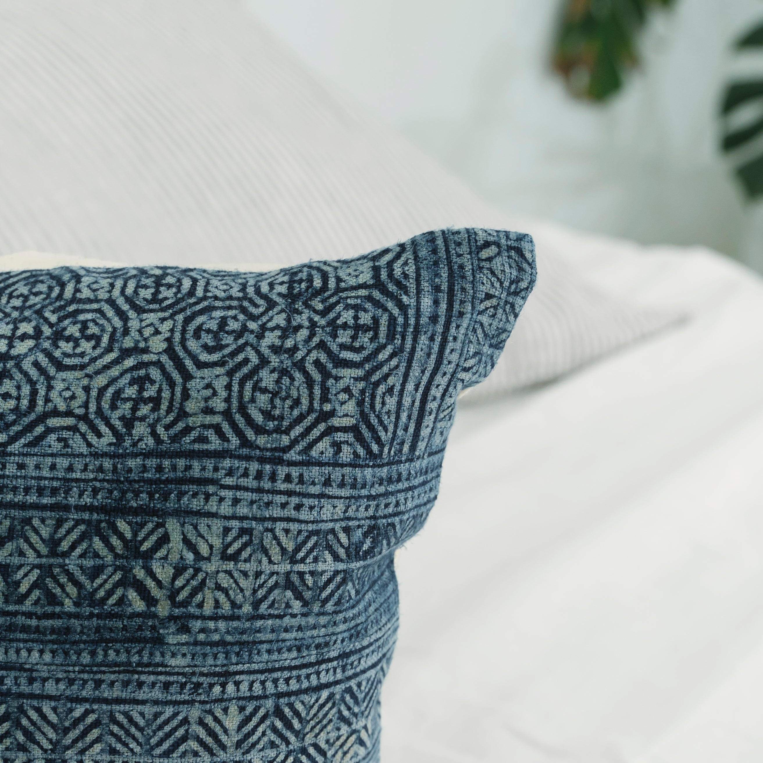 Hmong Full Batik Pillow Cover - Hand-Drawn Beeswax Indigo Brocade - Traditional Hill Tribe Artisan Cushion