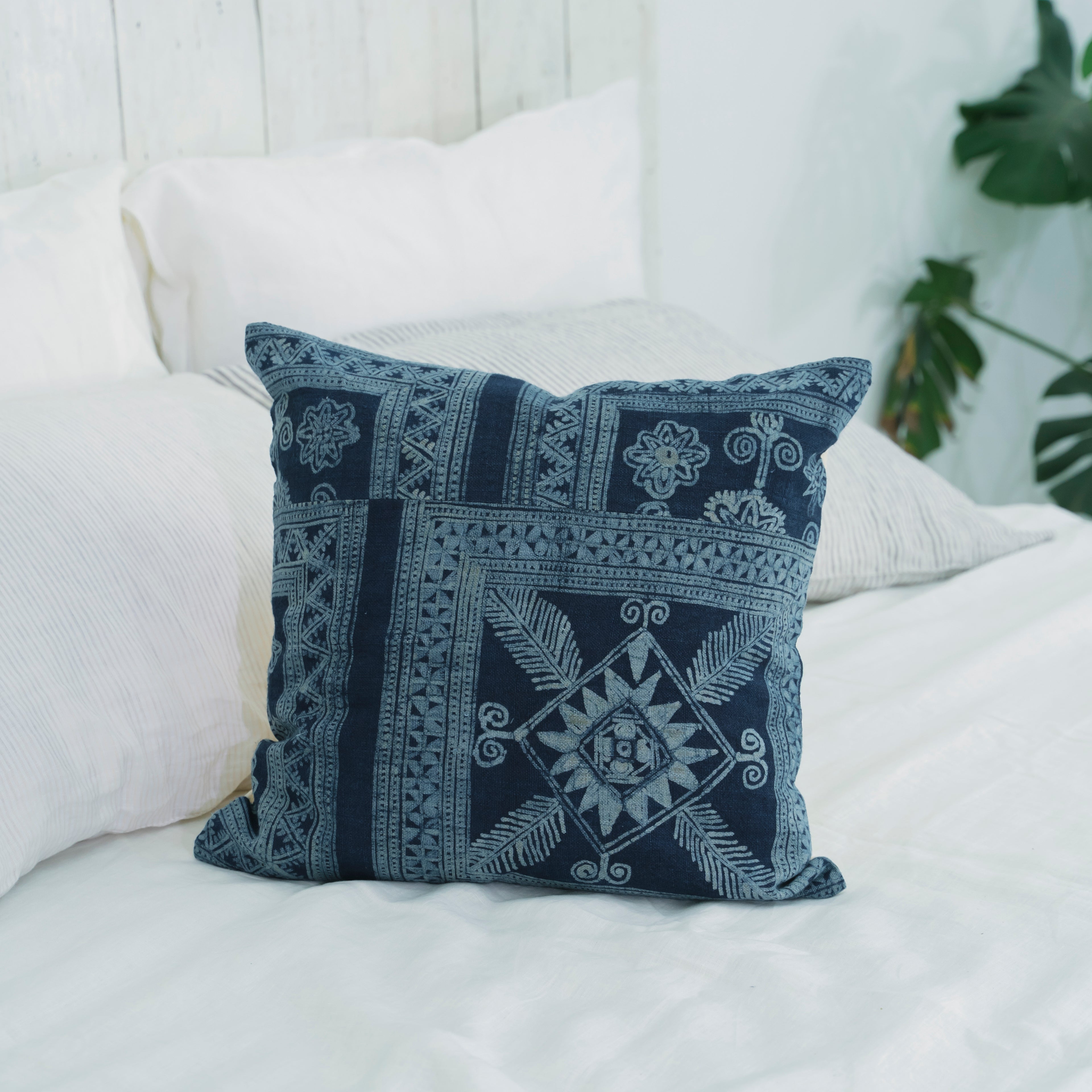 Hmong Grid Pattern Batik Pillow Cover - Full Hand-Drawn Beeswax Indigo Brocade - Hill Tribe Artisan Cushion