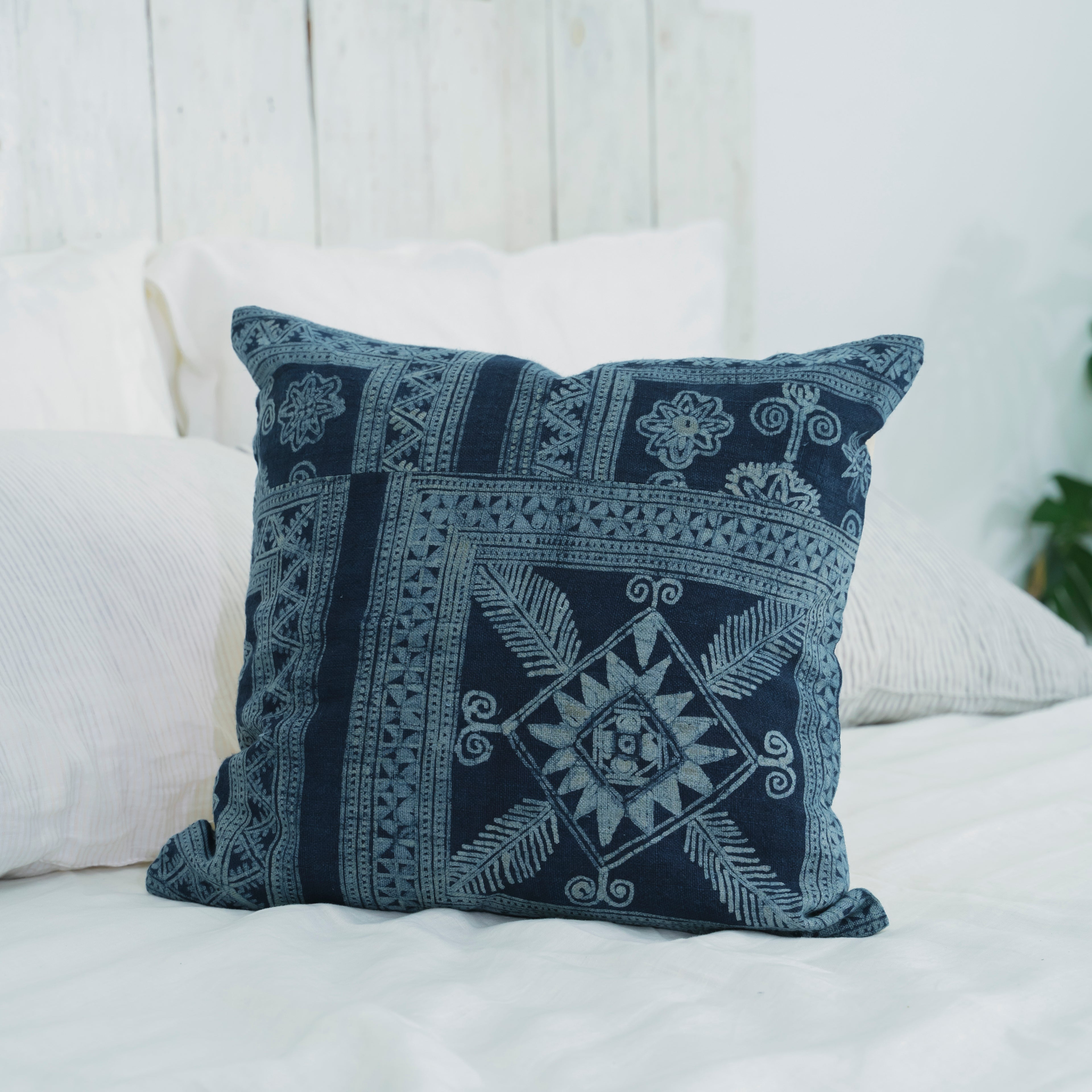 Hmong Grid Pattern Batik Pillow Cover - Full Hand-Drawn Beeswax Indigo Brocade - Hill Tribe Artisan Cushion