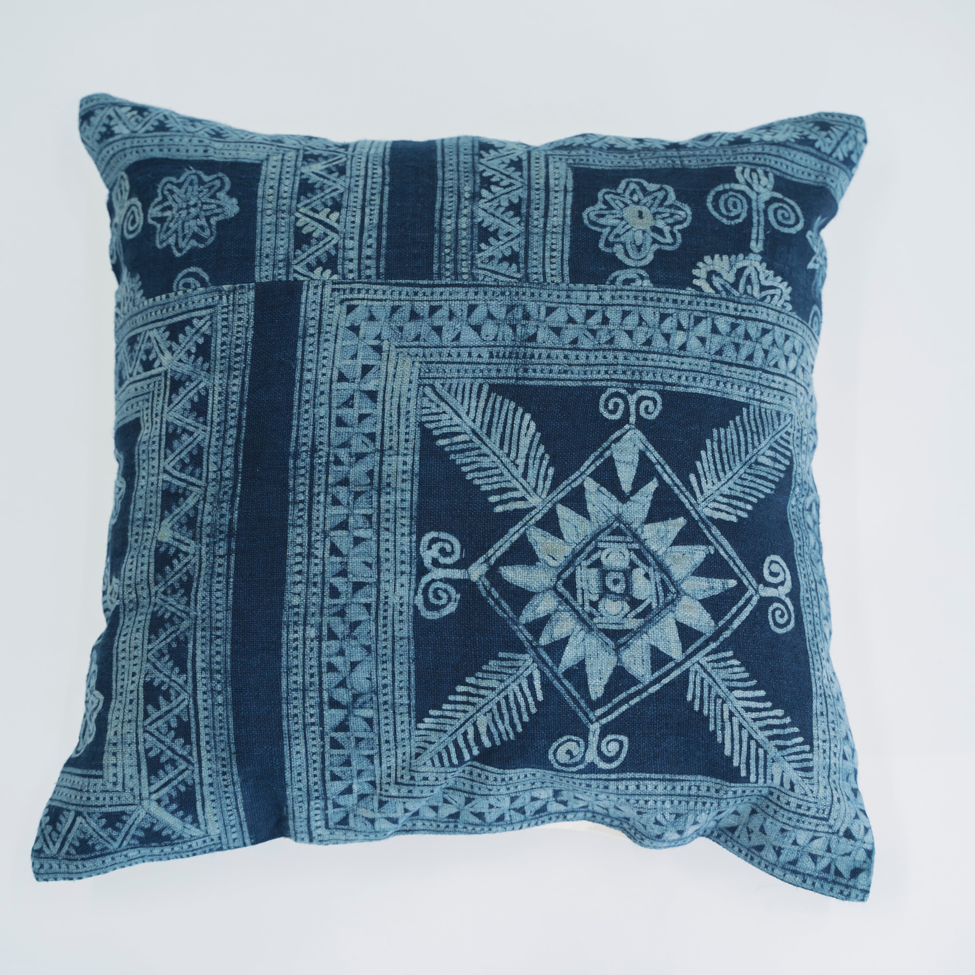 Hmong Grid Pattern Batik Pillow Cover - Full Hand-Drawn Beeswax Indigo Brocade - Hill Tribe Artisan Cushion