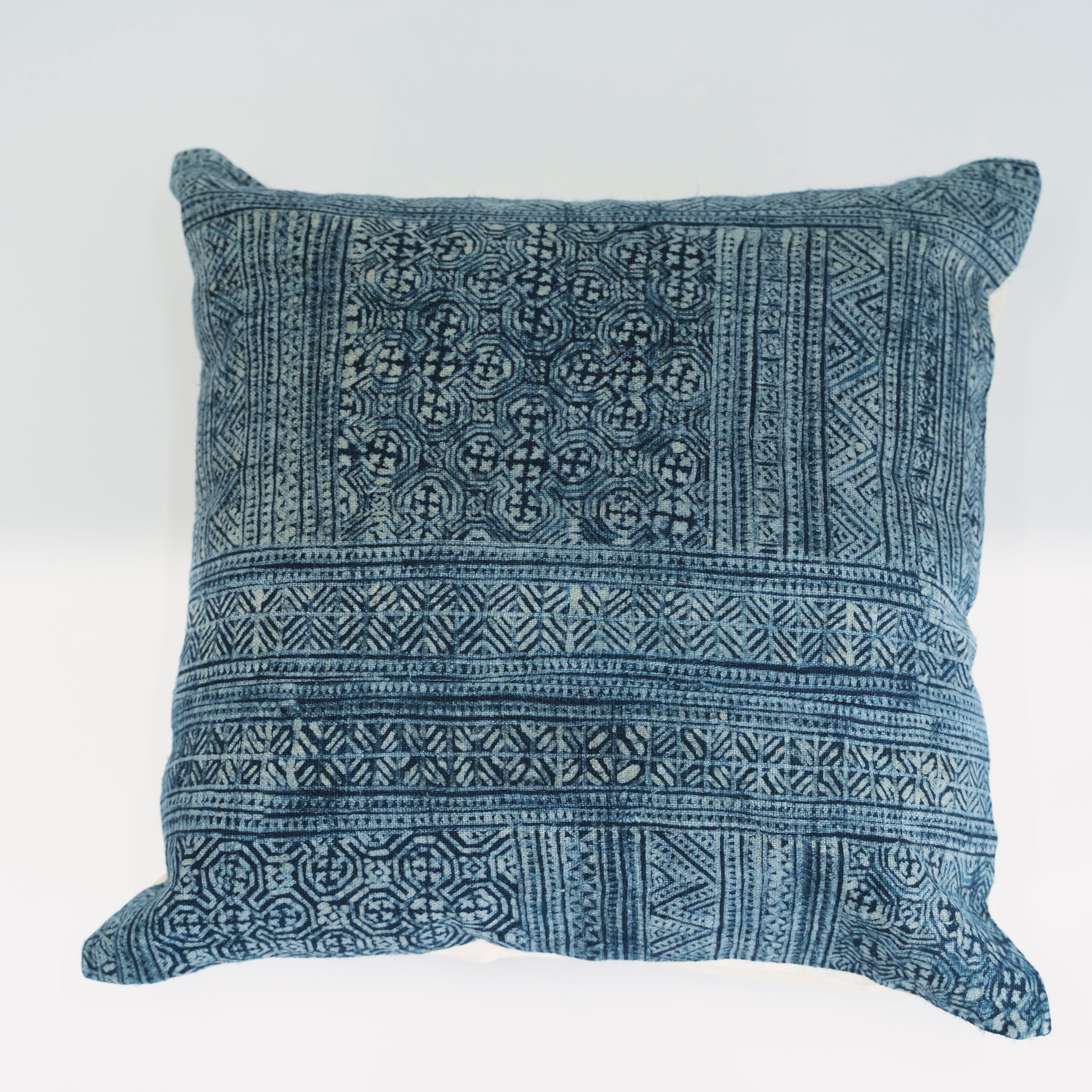 Hmong Full Batik Pillow Cover - Hand-Drawn Beeswax Indigo Brocade - Traditional Hill Tribe Artisan Cushion