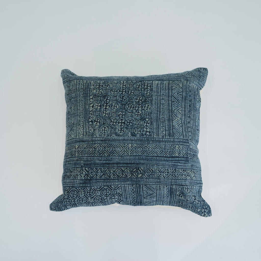 Hmong Full Batik Pillow Cover - Hand-Drawn Beeswax Indigo Brocade - Traditional Hill Tribe Artisan Cushion