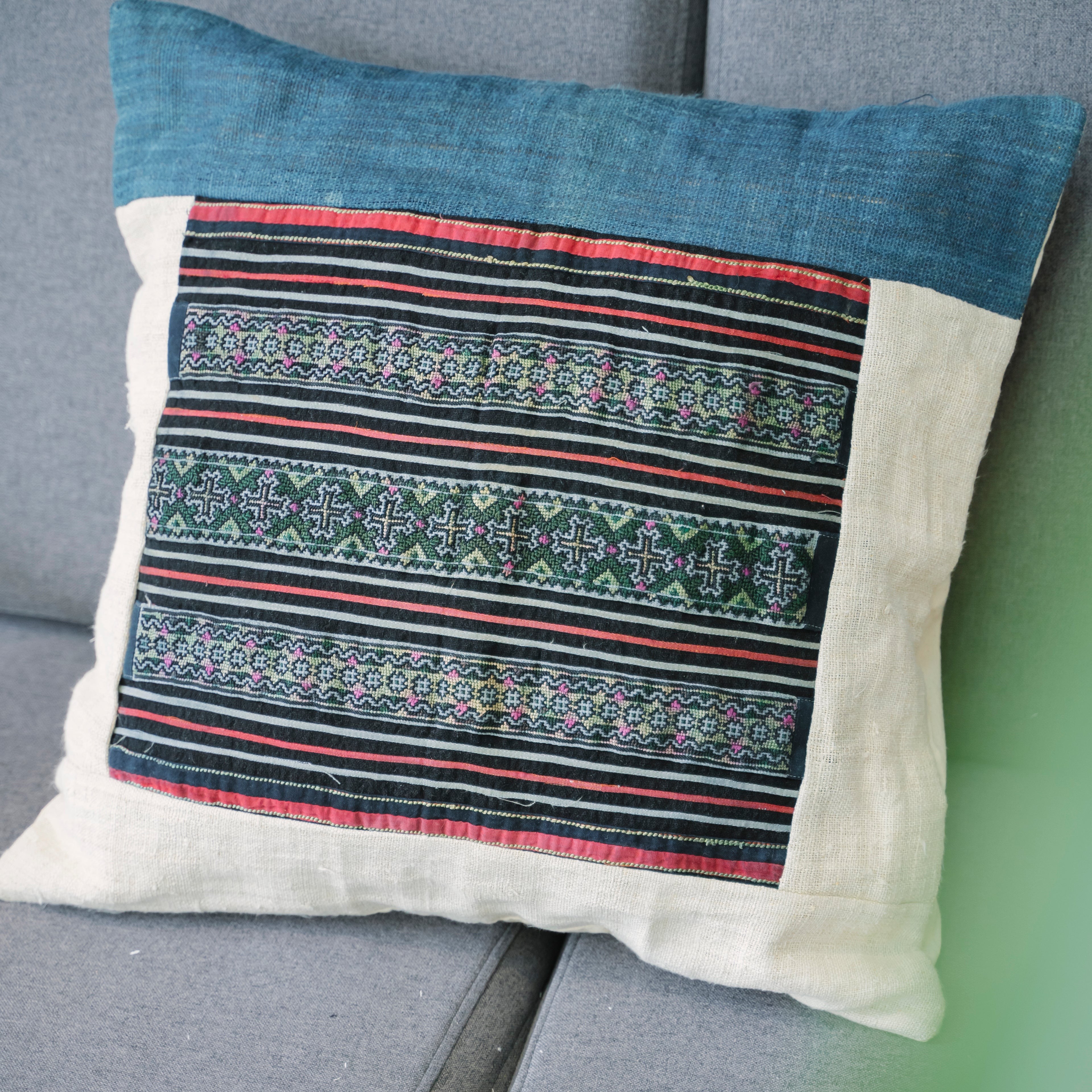 Hmong Embroidered Indigo Pillow Cover - Hand-Dyed Tribal Brocade - Neutral Ethnic Hill Tribe Artisan Cushion