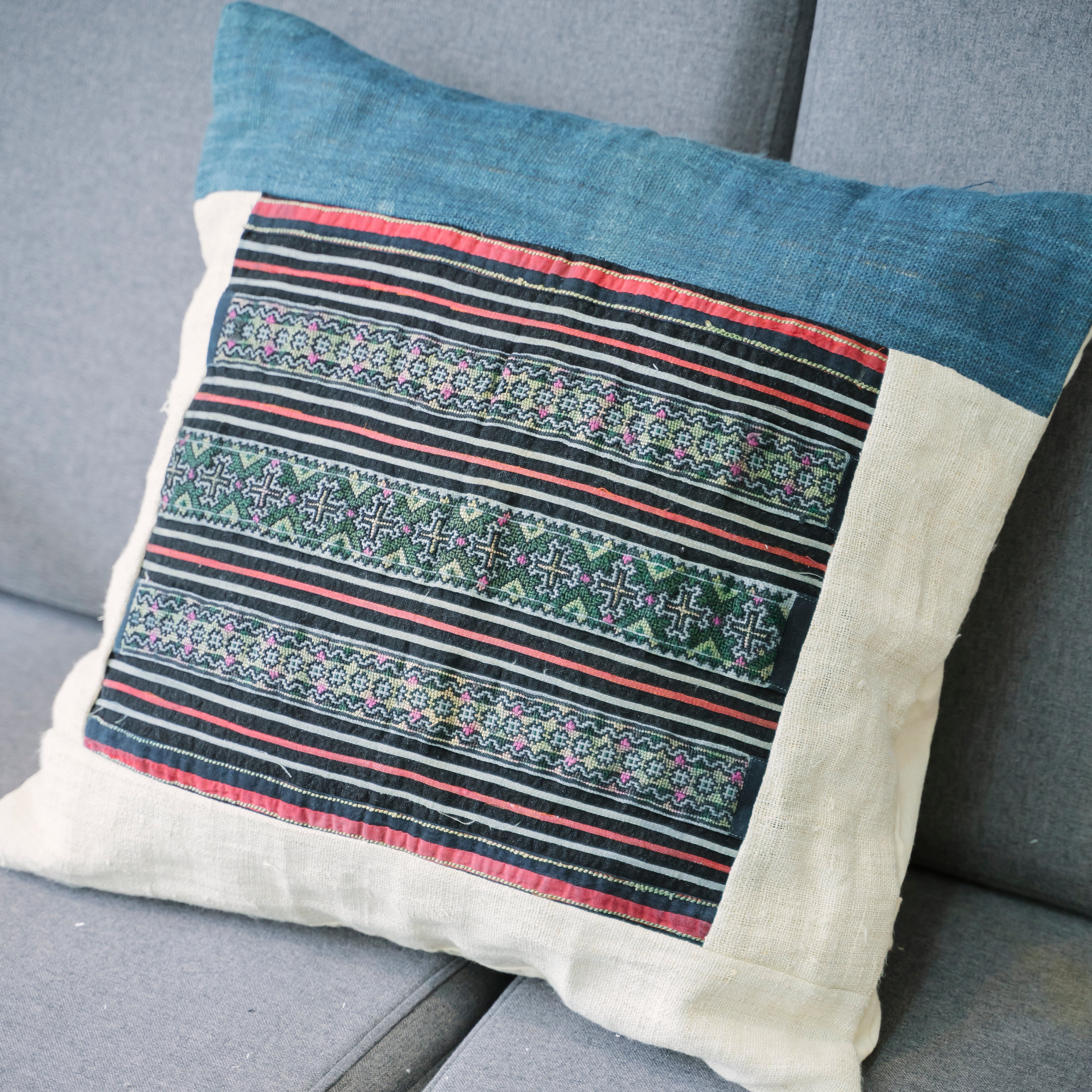 Hmong Embroidered Indigo Pillow Cover - Hand-Dyed Tribal Brocade - Neutral Ethnic Hill Tribe Artisan Cushion