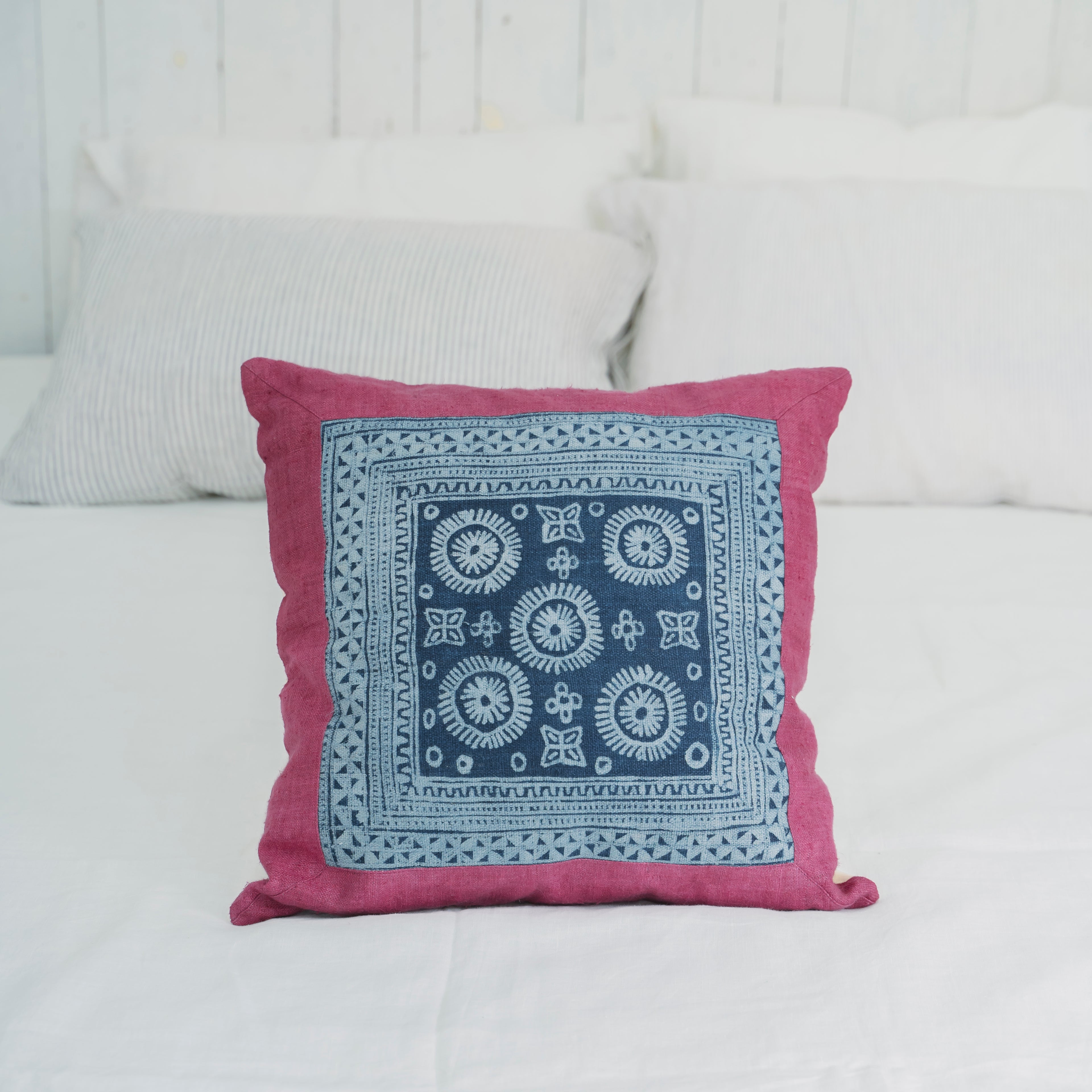Hmong Batik Pillow Cover - Hand-Drawn Beeswax Indigo Brocade - One-of-a-Kind Hill Tribe Artisan Cushion Cover