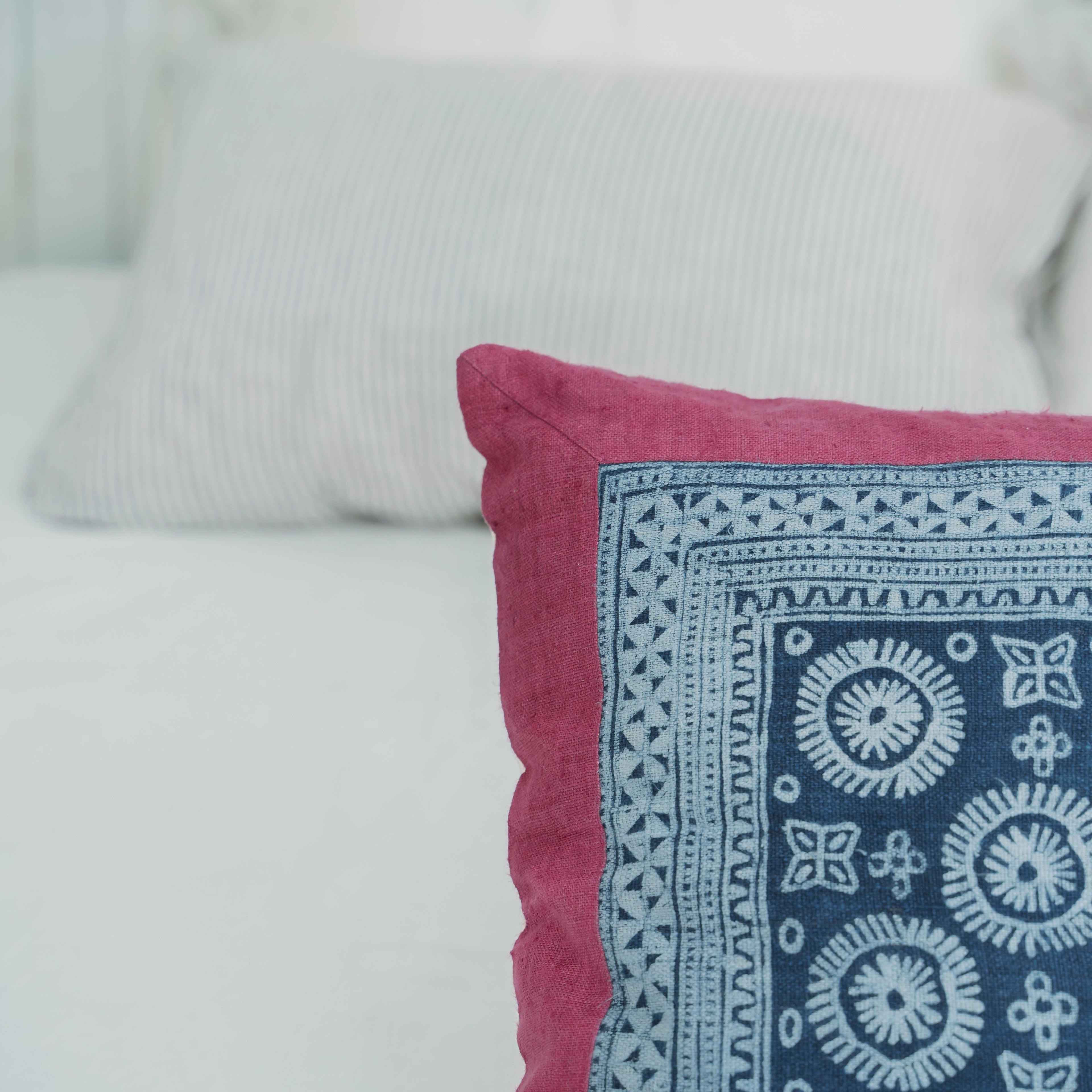 Hmong Batik Pillow Cover - Hand-Drawn Beeswax Indigo Brocade - One-of-a-Kind Hill Tribe Artisan Cushion Cover