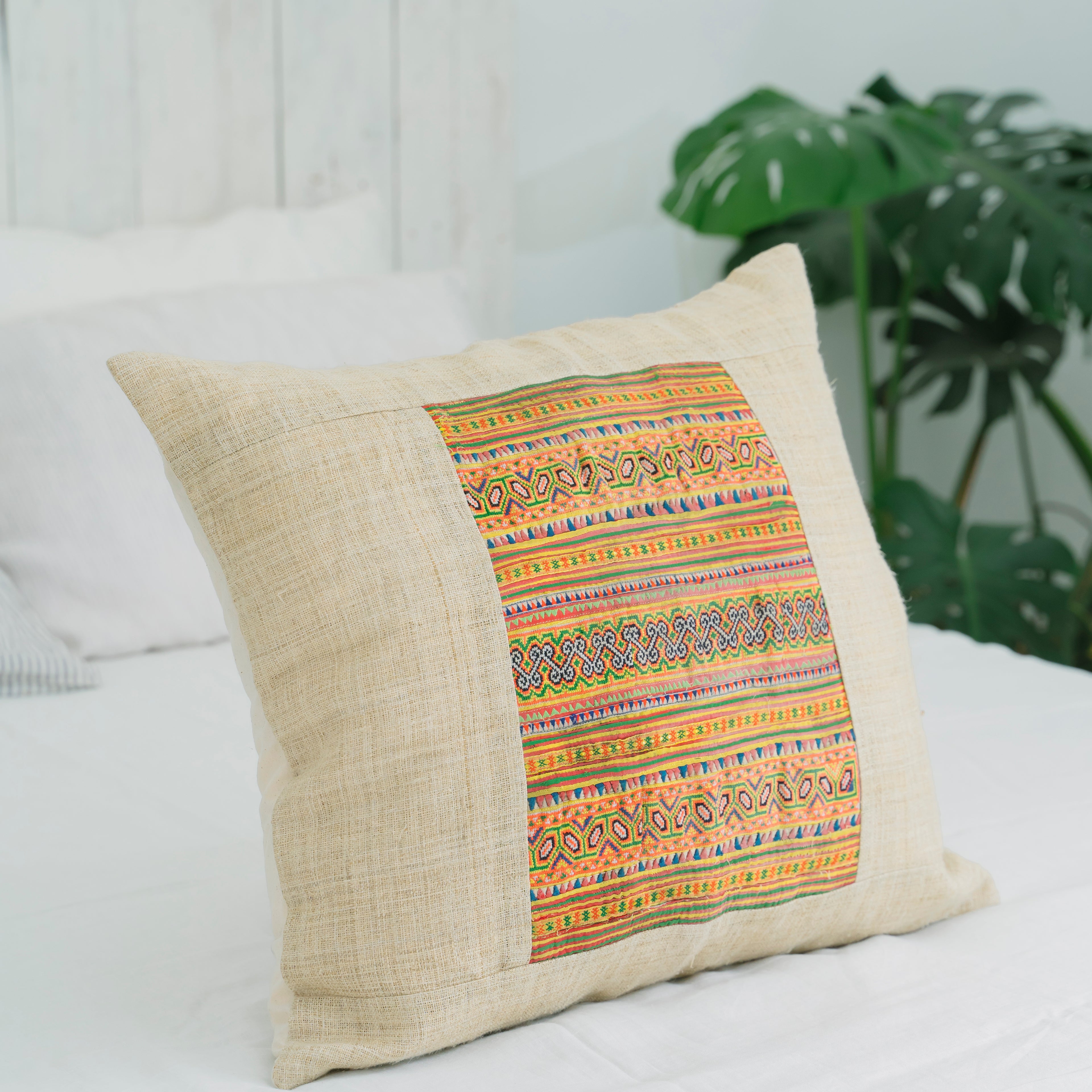 Hmong Colorful Embroidered Pillow Cover - Hand-Woven Tribal Brocade - One-of-a-Kind Hill Tribe Artisan Cushion 45x45cm