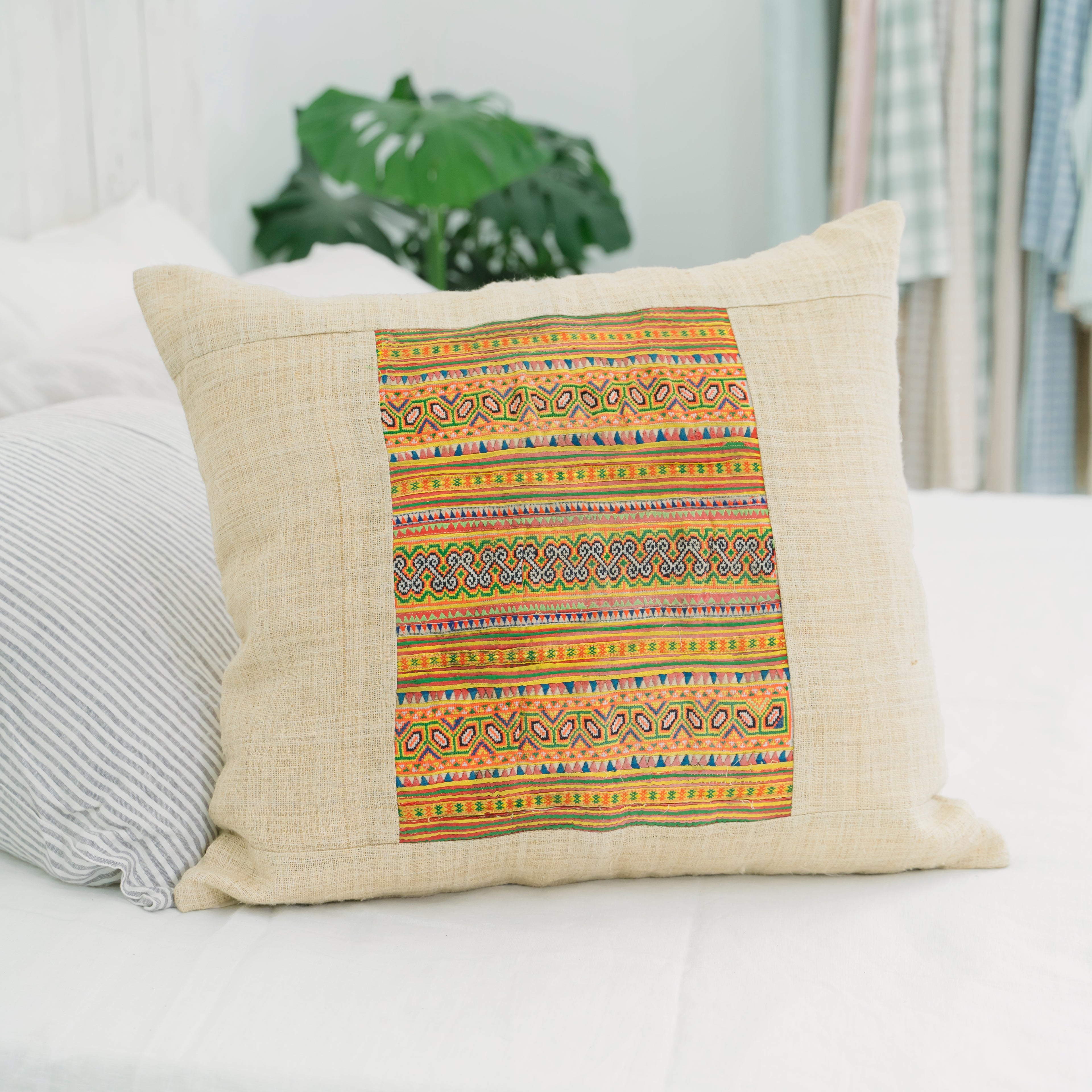 Hmong Colorful Embroidered Pillow Cover - Hand-Woven Tribal Brocade - One-of-a-Kind Hill Tribe Artisan Cushion 45x45cm