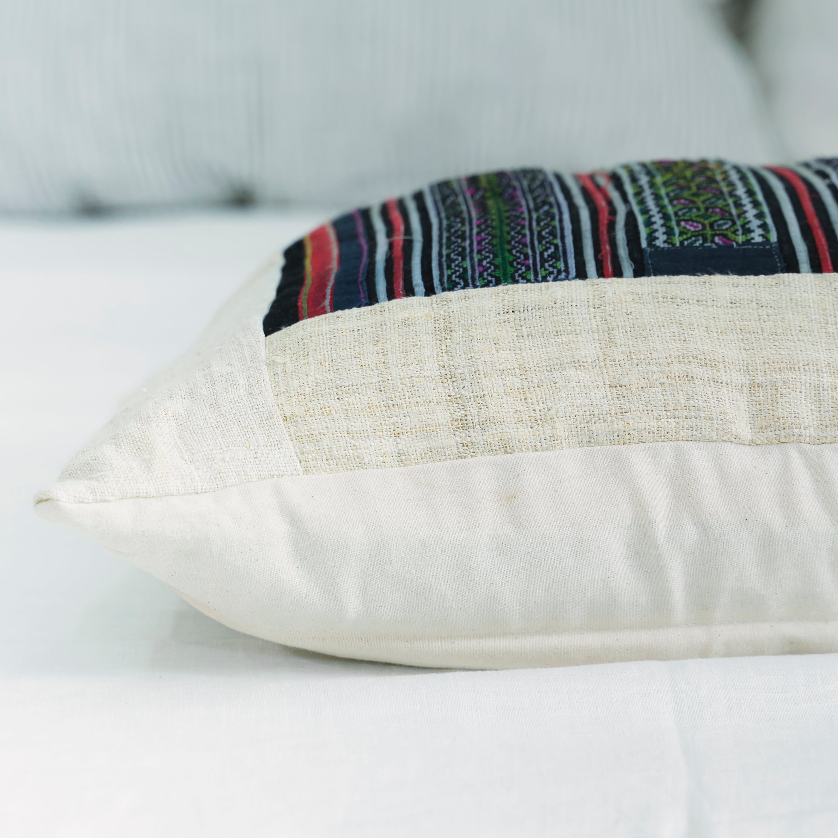 Hmong Multicolor Embroidered Stripe Pillow Cover - Hand-Stitched Brocade on Natural Ground - Hill Tribe Artisan Sofa Cushion