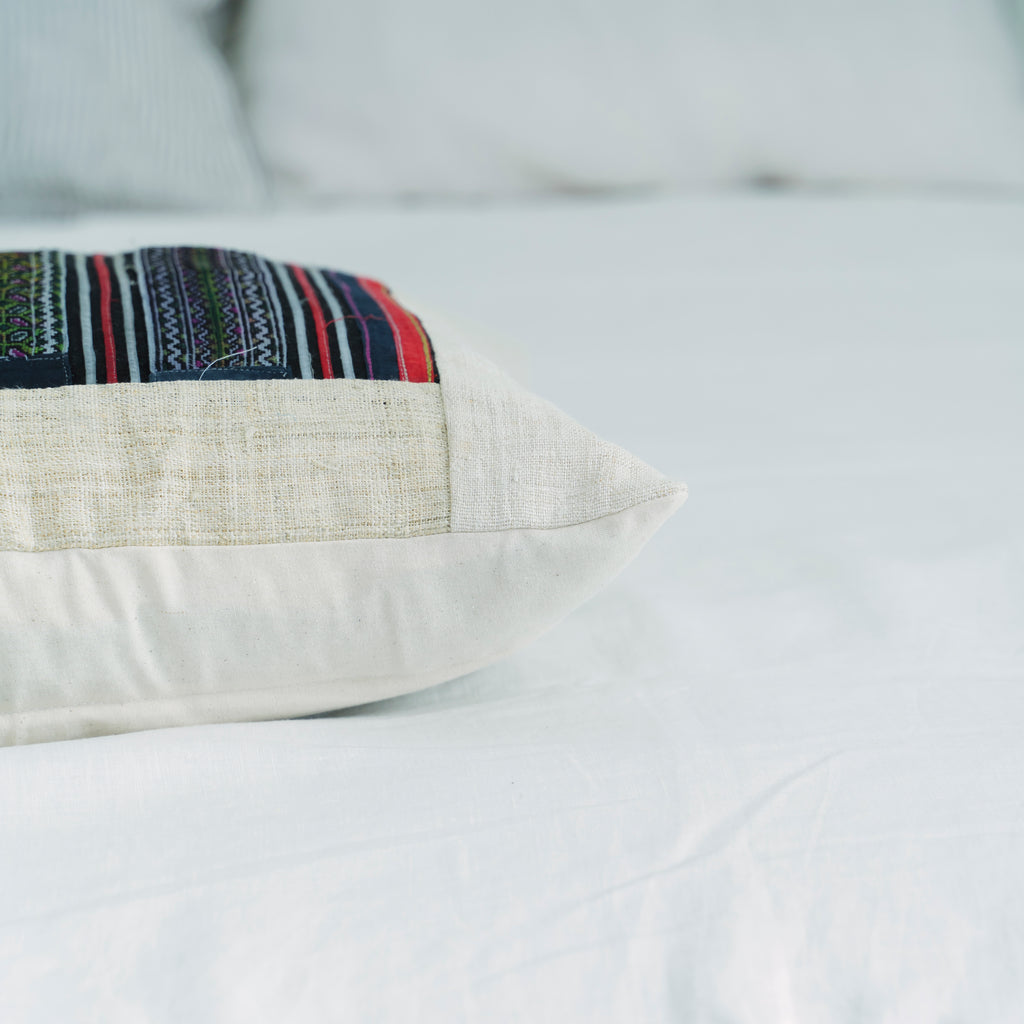 Hmong Multicolor Embroidered Stripe Pillow Cover - Hand-Stitched Brocade on Natural Ground - Hill Tribe Artisan Sofa Cushion