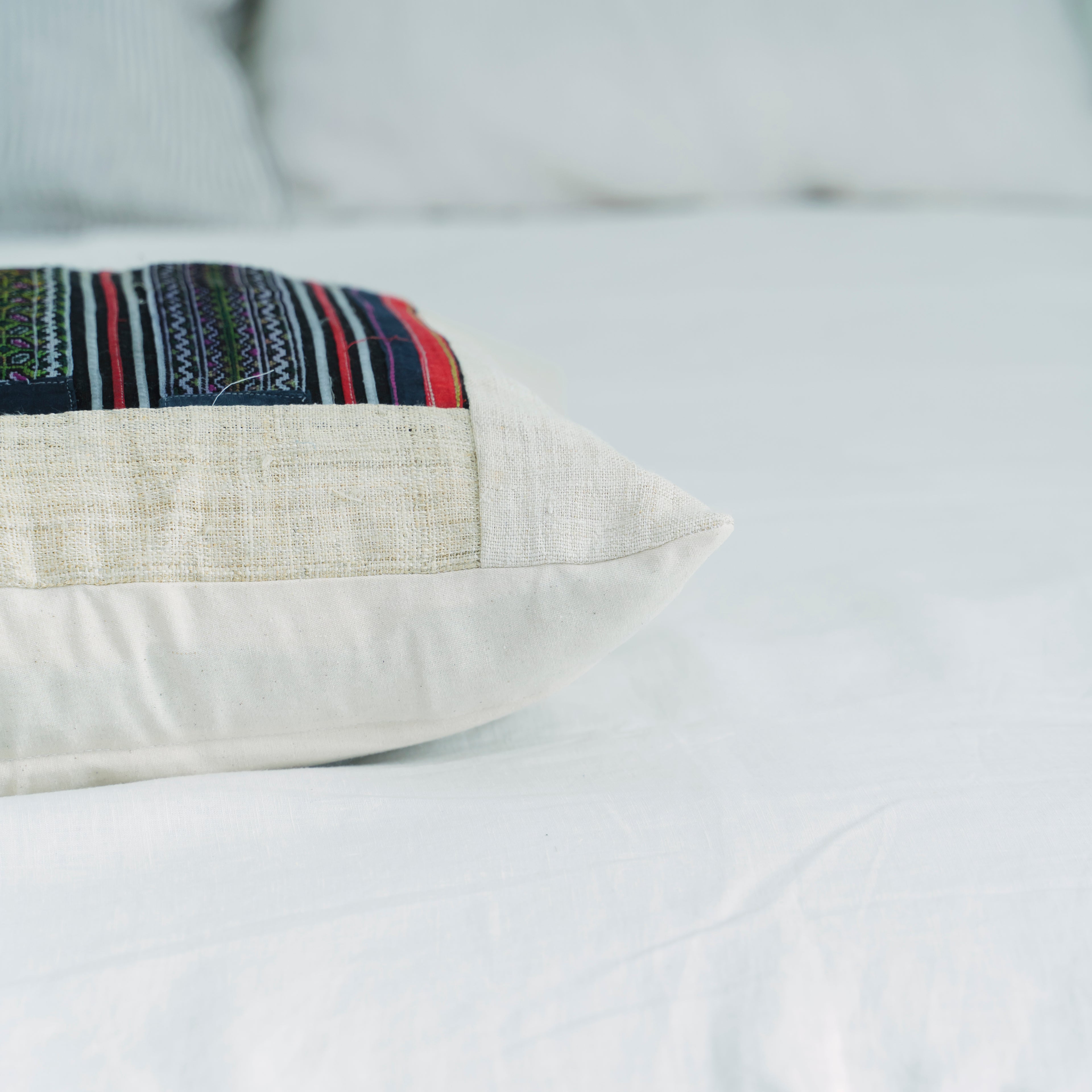 Hmong Multicolor Embroidered Stripe Pillow Cover - Hand-Stitched Brocade on Natural Ground - Hill Tribe Artisan Sofa Cushion