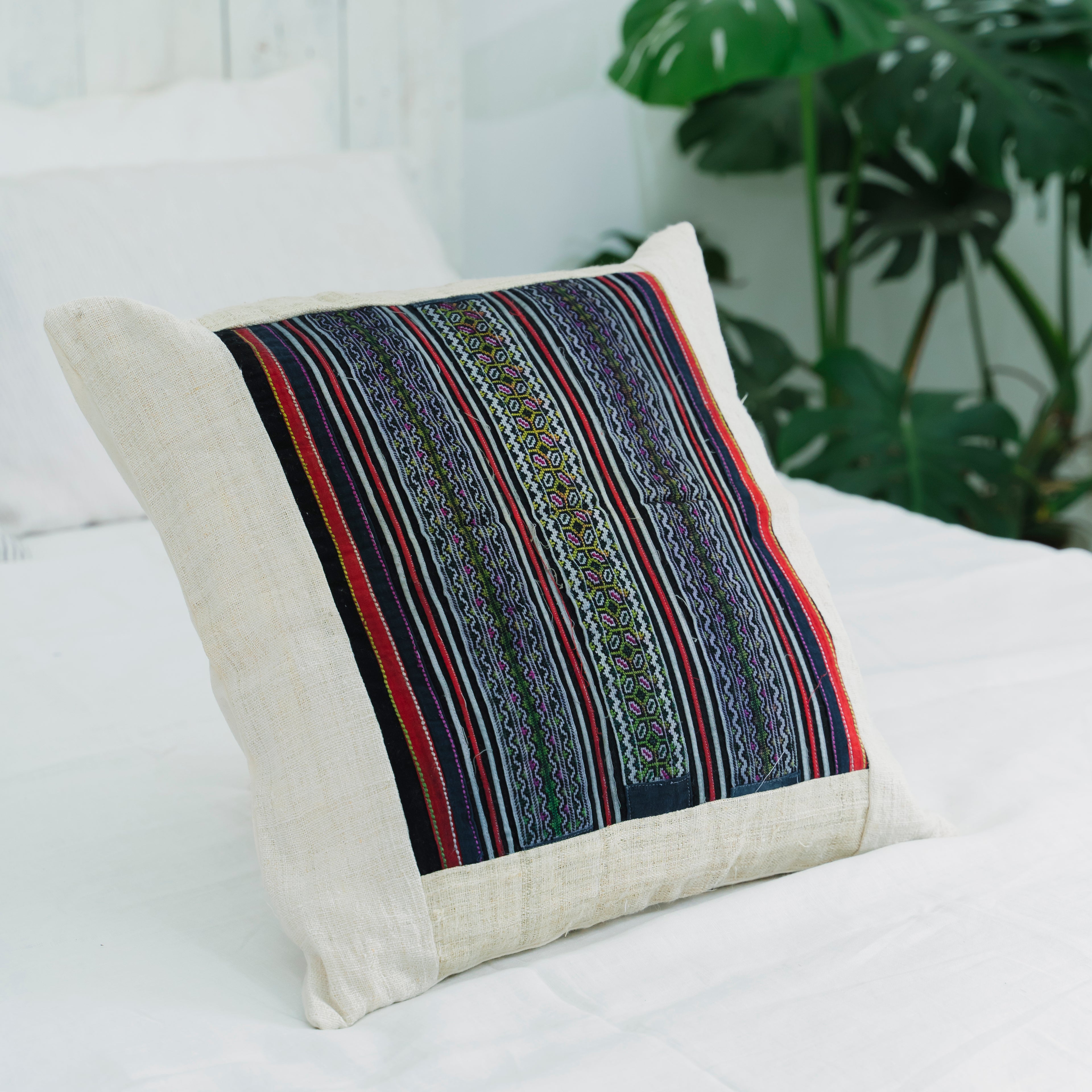 Hmong Multicolor Embroidered Stripe Pillow Cover - Hand-Stitched Brocade on Natural Ground - Hill Tribe Artisan Sofa Cushion