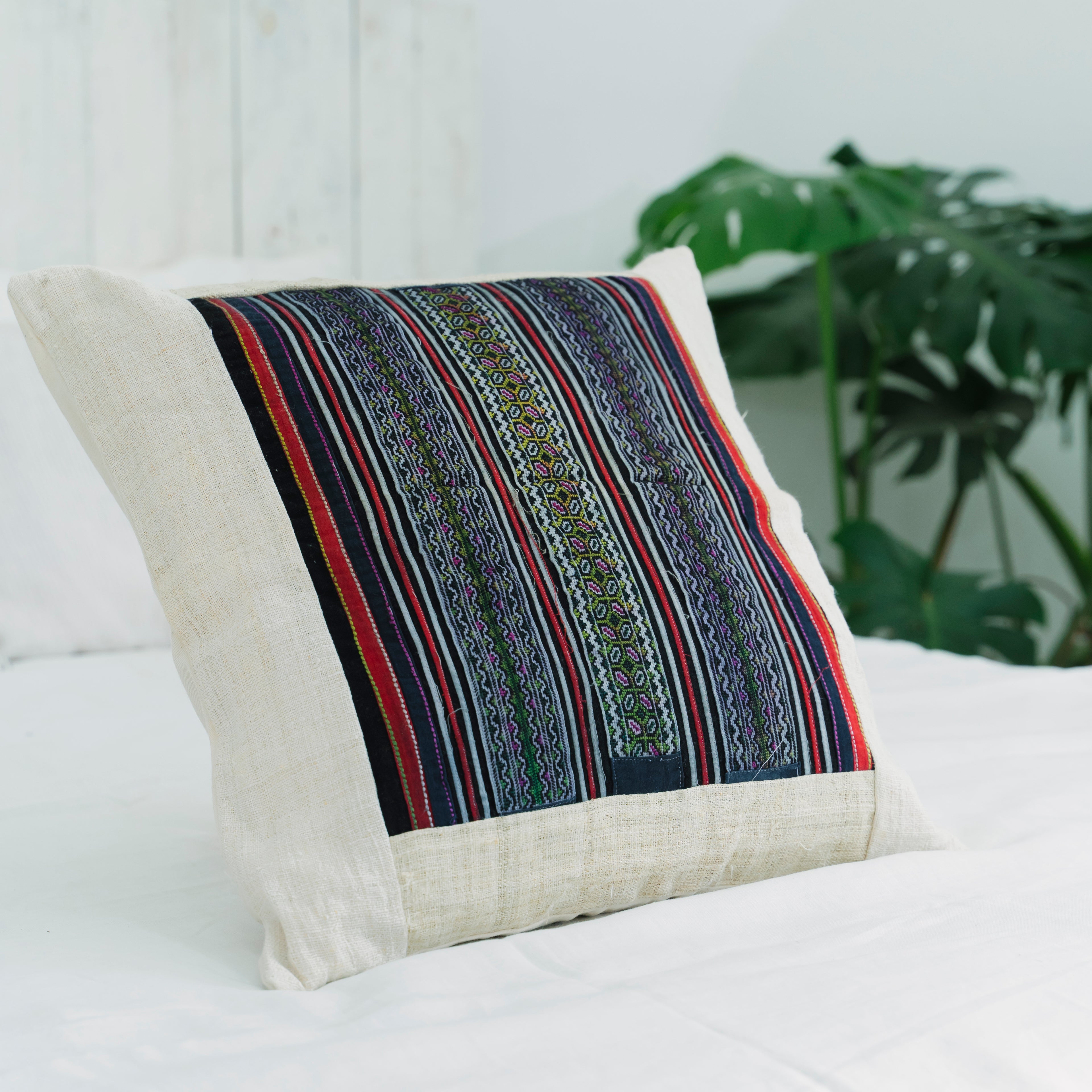 Hmong Multicolor Embroidered Stripe Pillow Cover - Hand-Stitched Brocade on Natural Ground - Hill Tribe Artisan Sofa Cushion