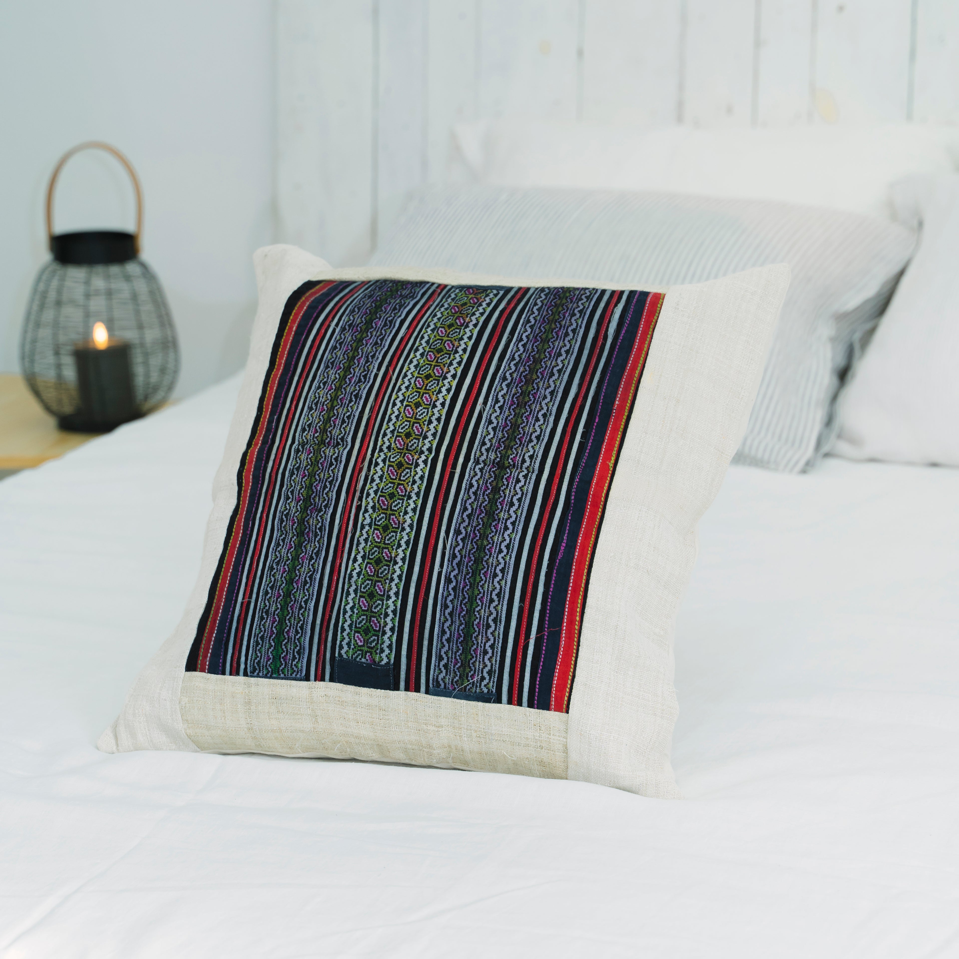 Hmong Multicolor Embroidered Stripe Pillow Cover - Hand-Stitched Brocade on Natural Ground - Hill Tribe Artisan Sofa Cushion