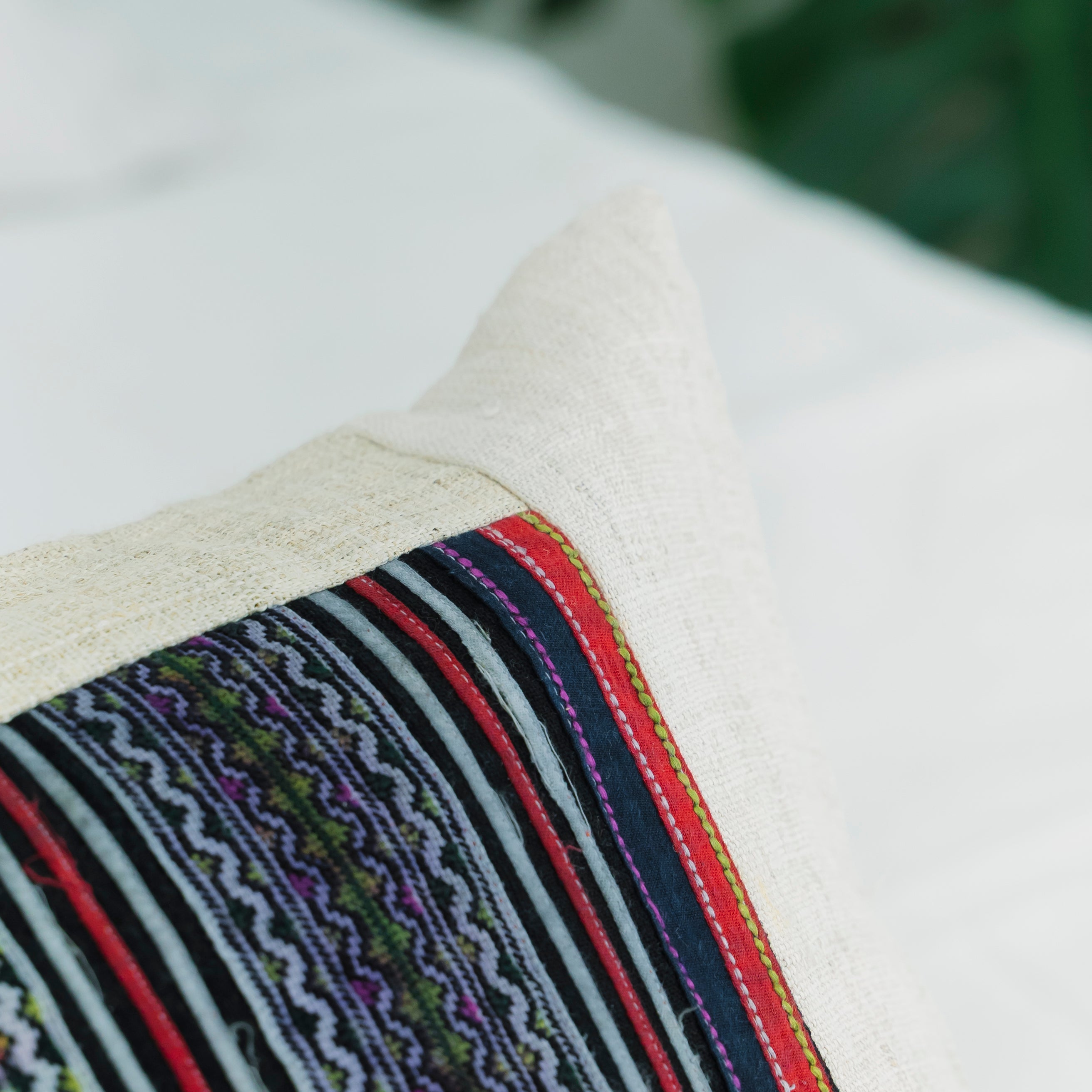 Hmong Multicolor Embroidered Stripe Pillow Cover - Hand-Stitched Brocade on Natural Ground - Hill Tribe Artisan Sofa Cushion