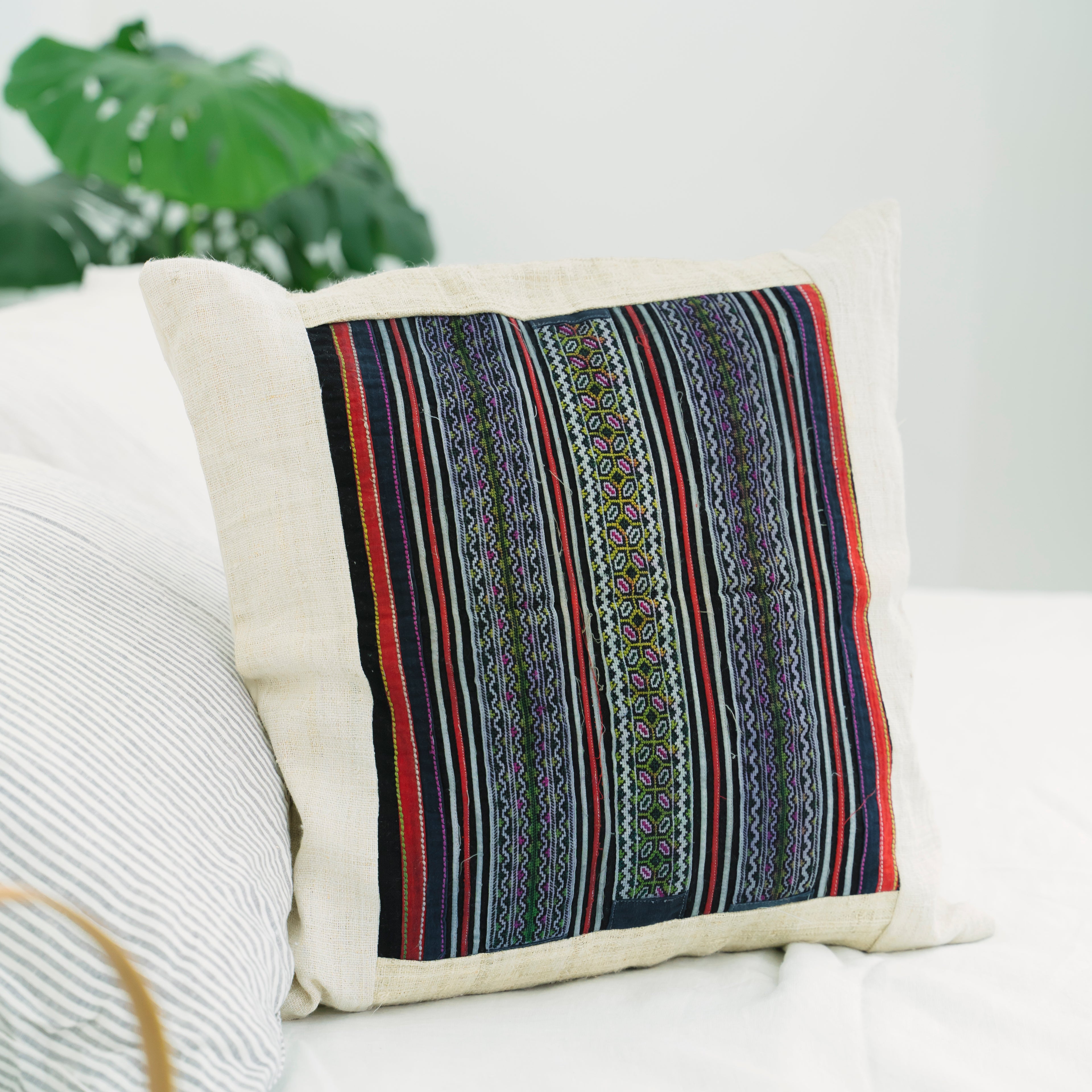 Hmong Multicolor Embroidered Stripe Pillow Cover - Hand-Stitched Brocade on Natural Ground - Hill Tribe Artisan Sofa Cushion