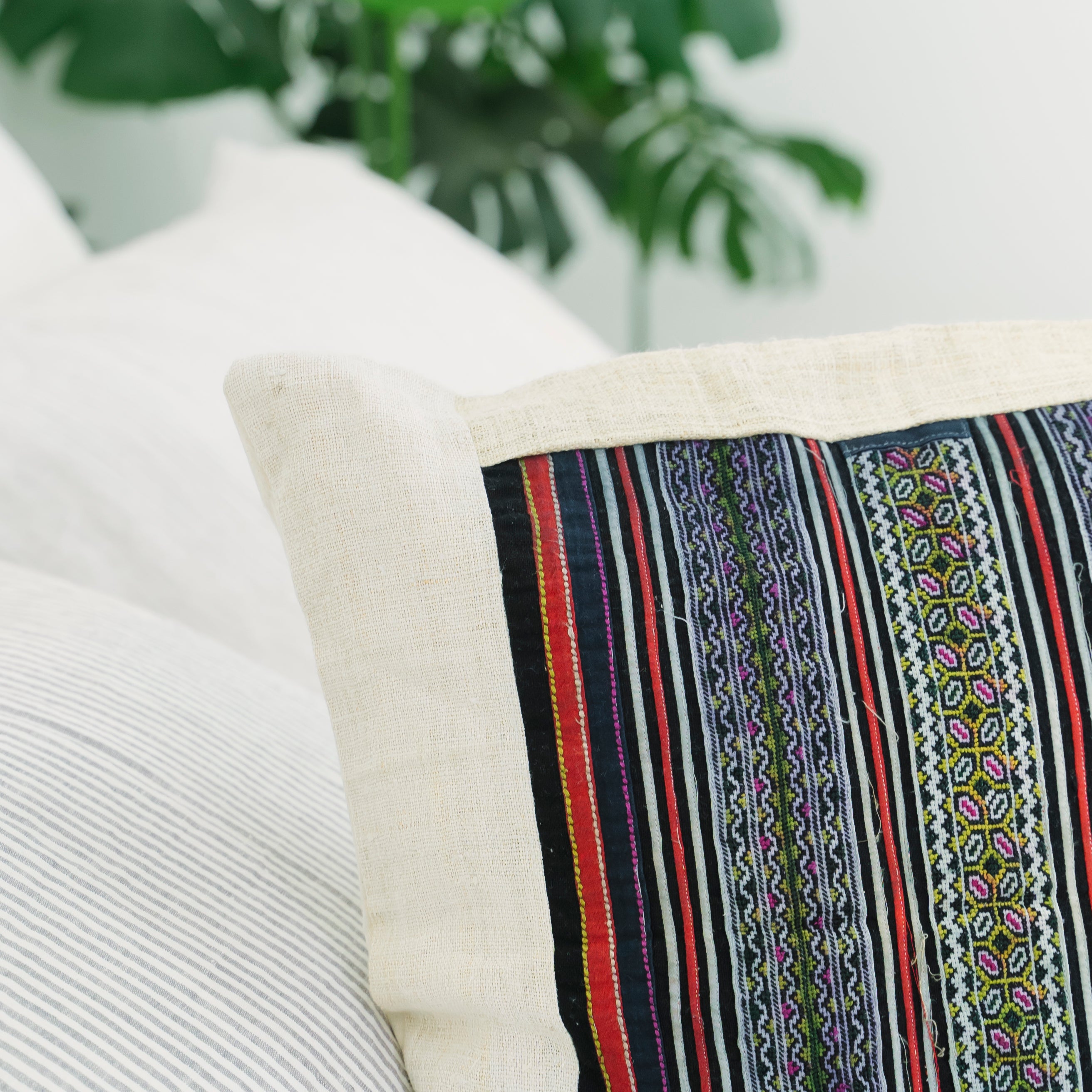 Hmong Multicolor Embroidered Stripe Pillow Cover - Hand-Stitched Brocade on Natural Ground - Hill Tribe Artisan Sofa Cushion