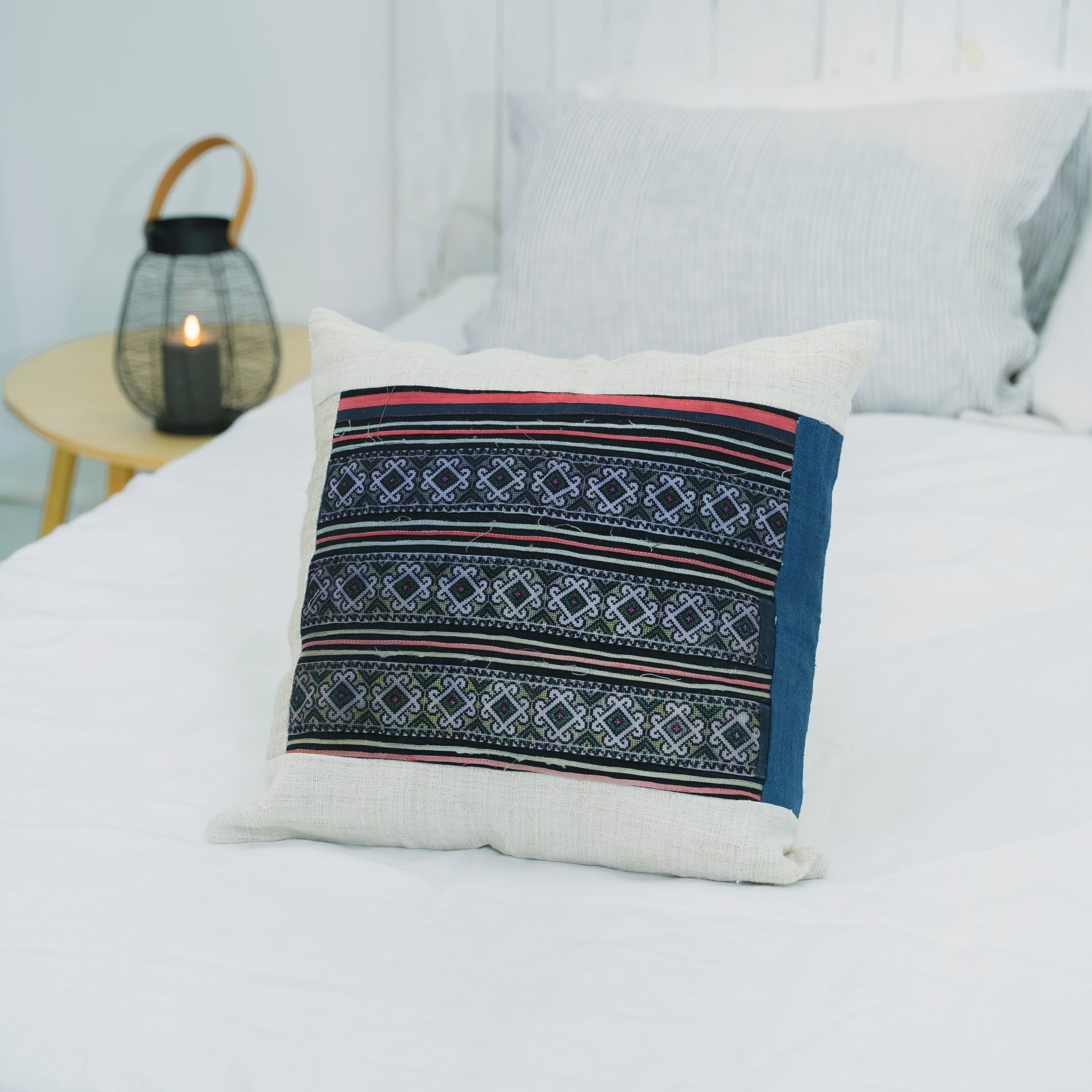 Hmong Diamond Pattern Embroidered Pillow Cover - Hand-Dyed Tribal Brocade - Hill Tribe Artisan Cushion