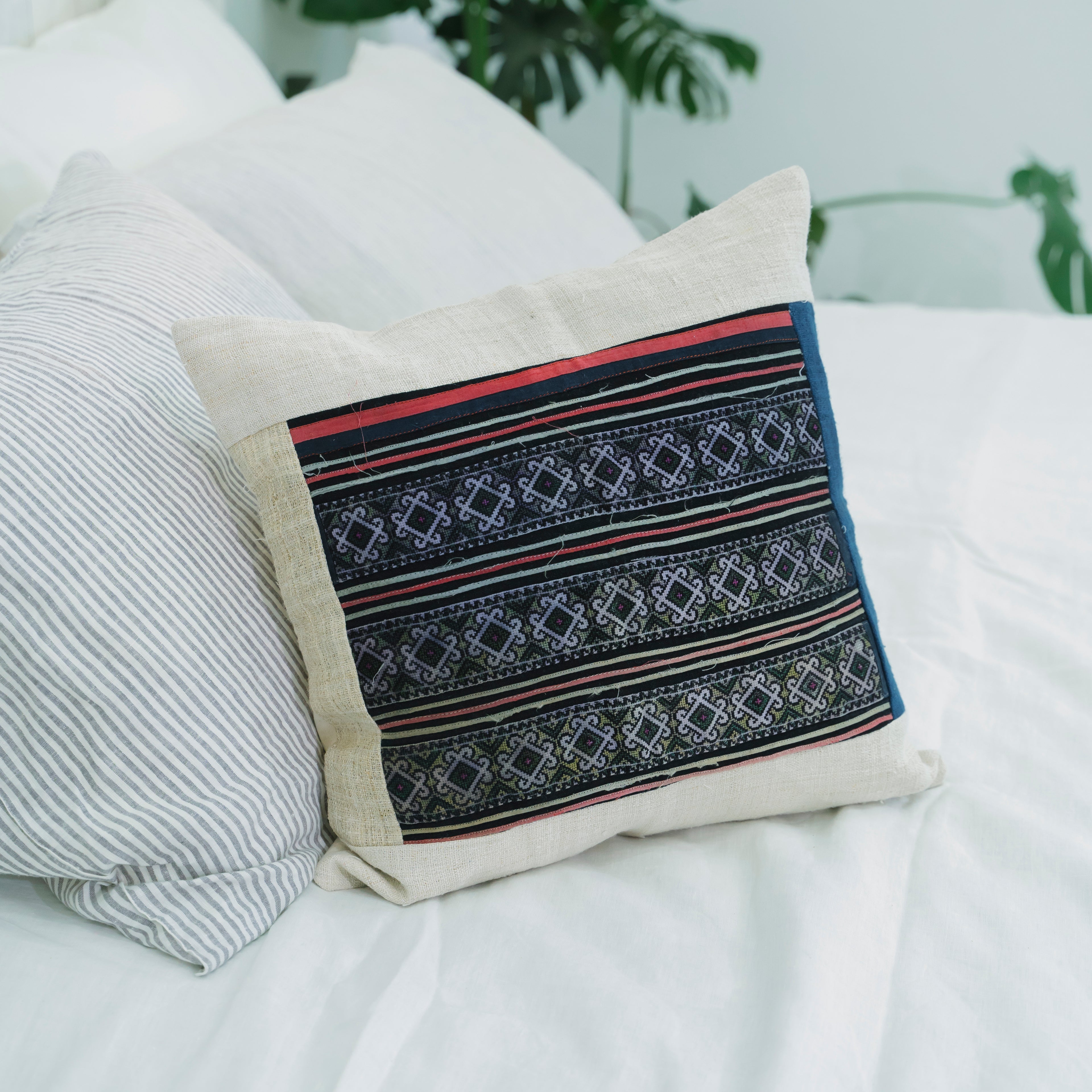 Hmong Diamond Pattern Embroidered Pillow Cover - Hand-Dyed Tribal Brocade - Hill Tribe Artisan Cushion
