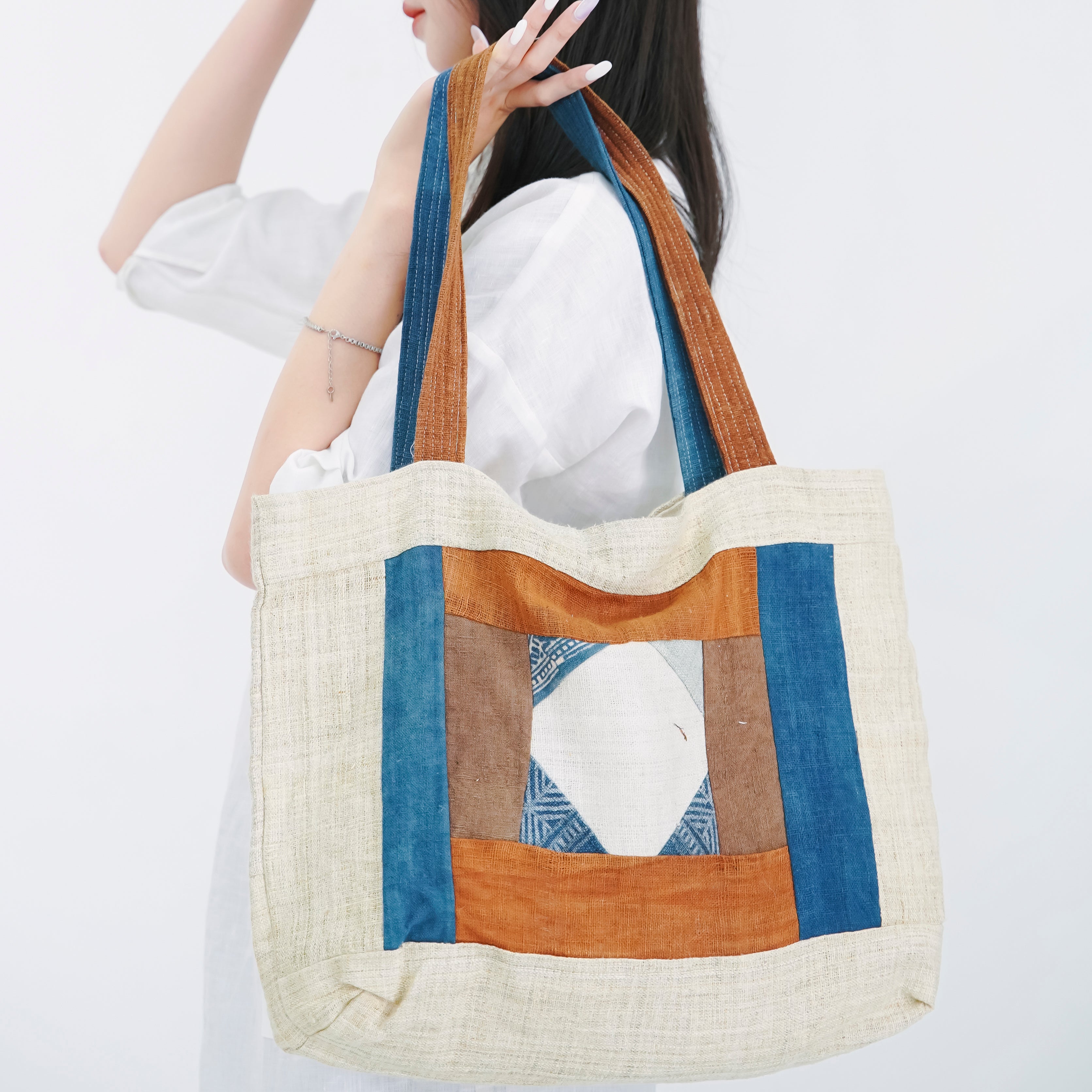 Hmong Diamond Embroidered Tote Bag - Hand-Stitched Natural Brocade with Indigo Accent - Hill Tribe Artisan Shoulder Bag