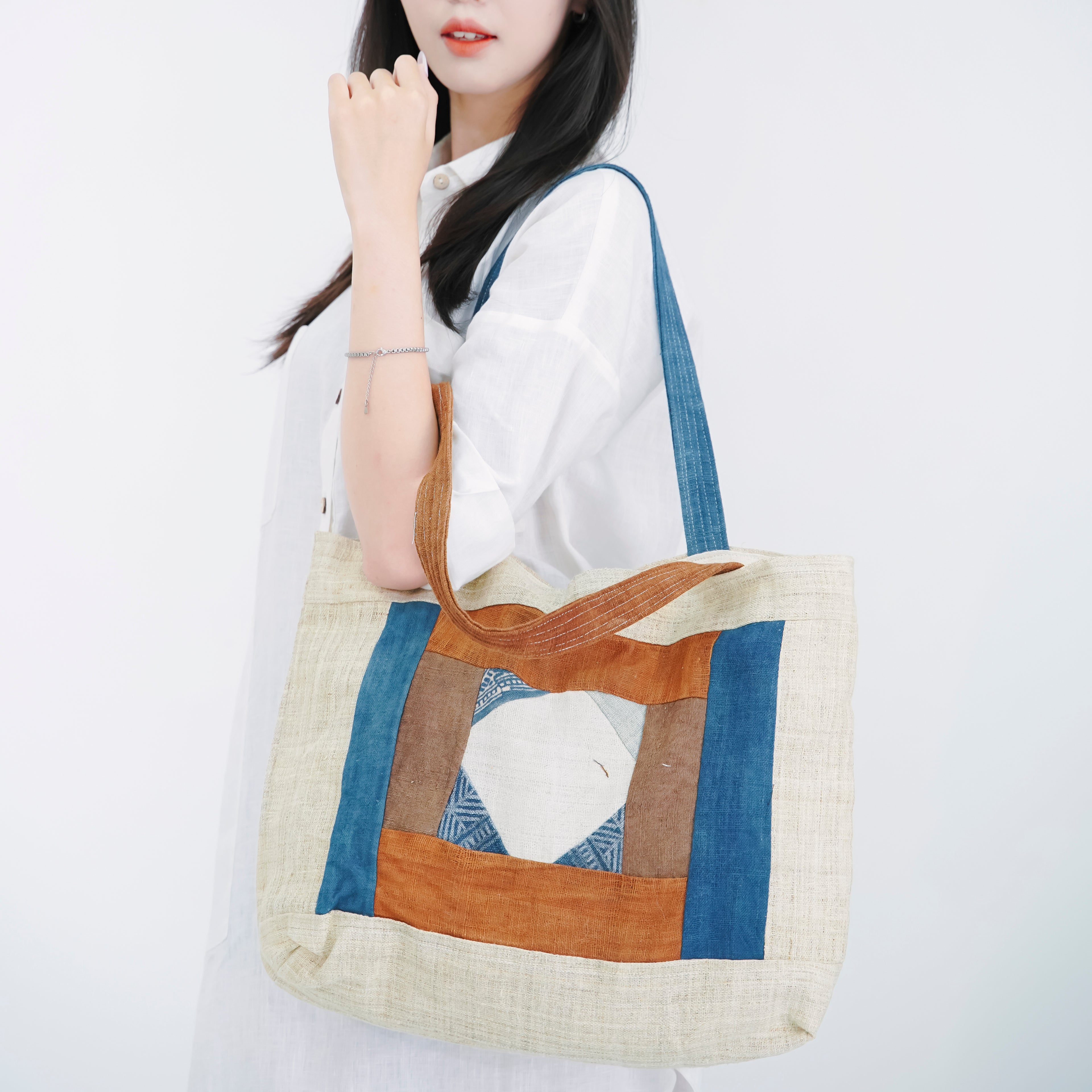 Hmong Diamond Embroidered Tote Bag - Hand-Stitched Natural Brocade with Indigo Accent - Hill Tribe Artisan Shoulder Bag