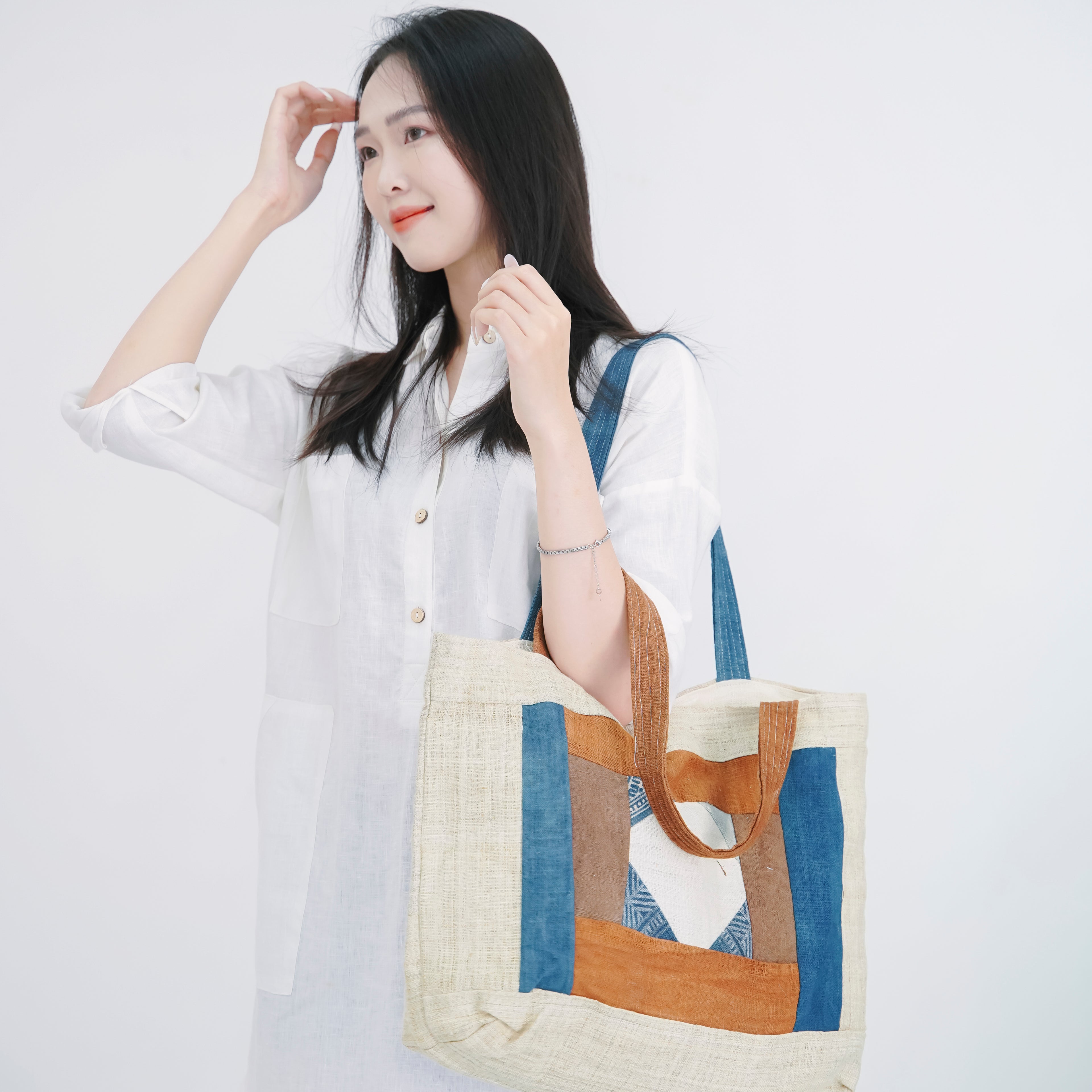 Hmong Diamond Embroidered Tote Bag - Hand-Stitched Natural Brocade with Indigo Accent - Hill Tribe Artisan Shoulder Bag