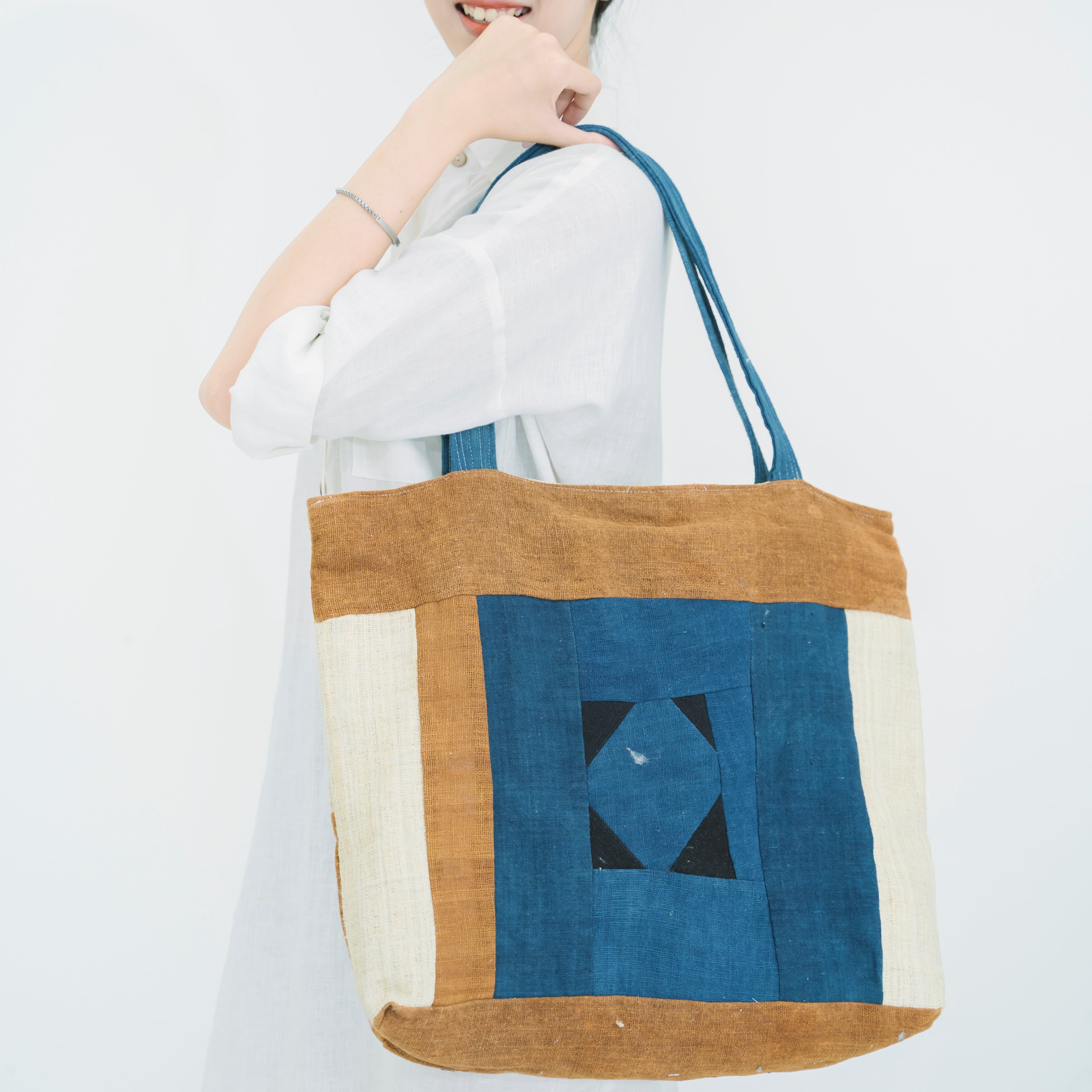 Hmong Earthy Indigo Patchwork Tote Bag - Hand-Sewn Brocade Mosaic - Traditional Hill Tribe Artisan Shoulder Bag