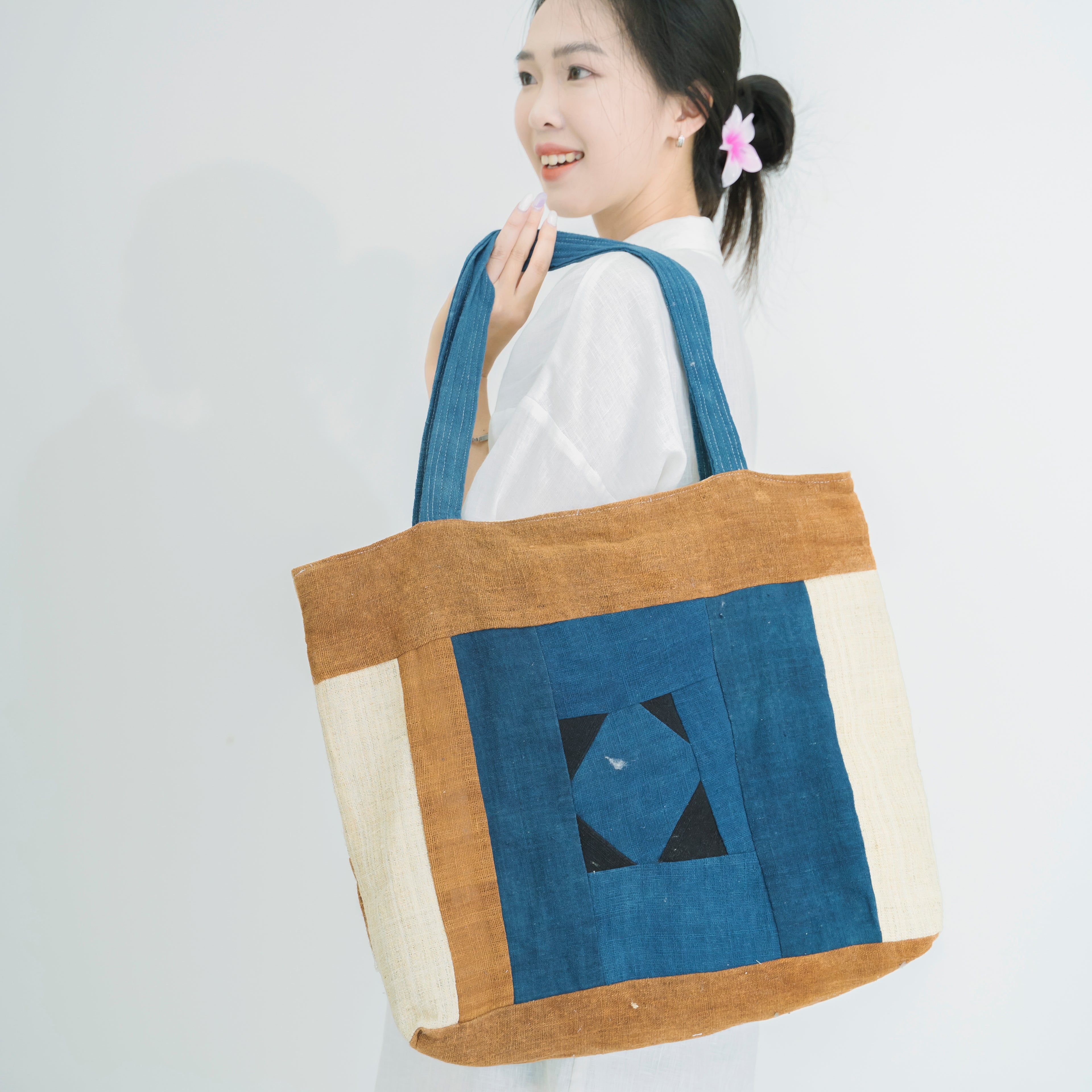 Hmong Earthy Indigo Patchwork Tote Bag - Hand-Sewn Brocade Mosaic - Traditional Hill Tribe Artisan Shoulder Bag