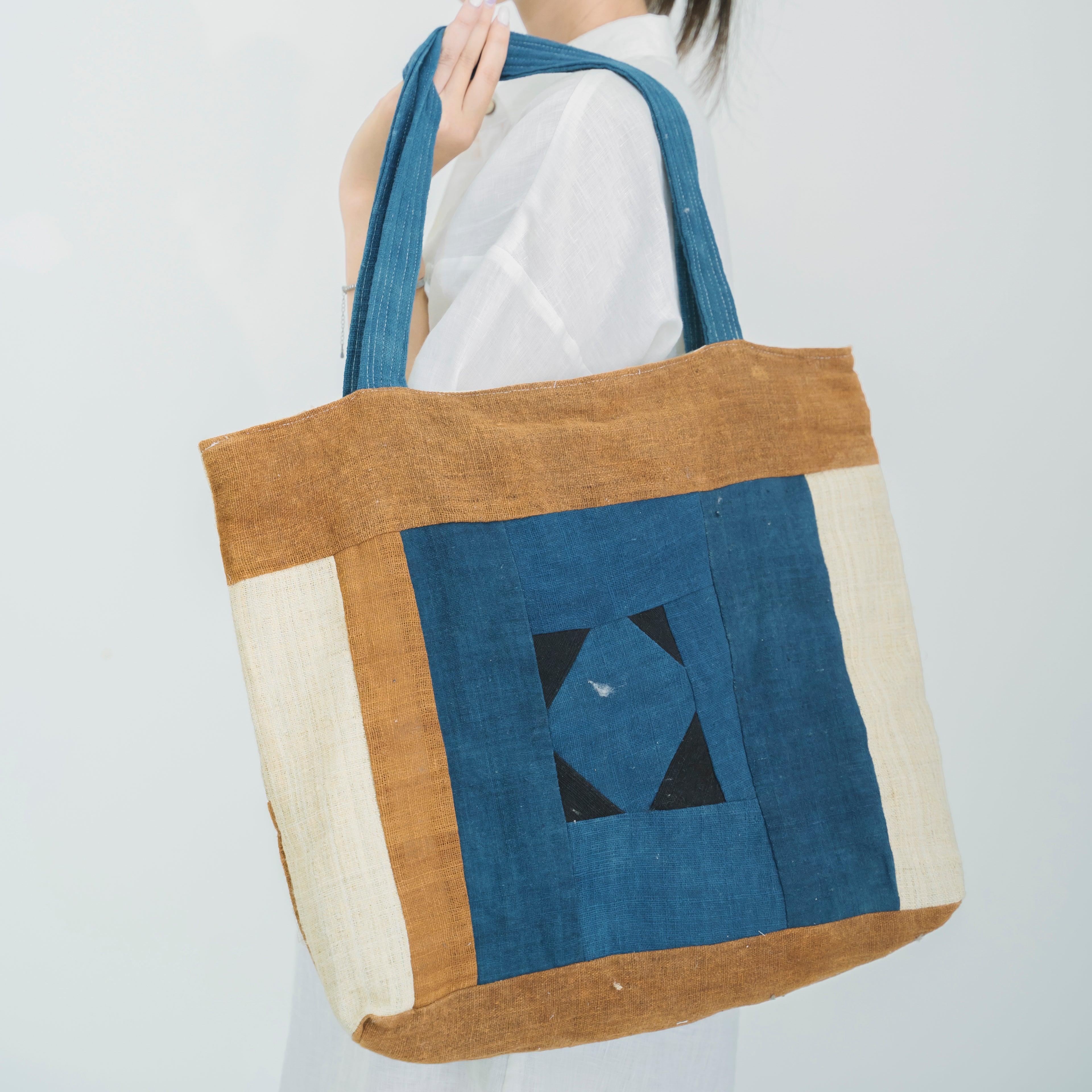 Hmong Earthy Indigo Patchwork Tote Bag - Hand-Sewn Brocade Mosaic - Traditional Hill Tribe Artisan Shoulder Bag