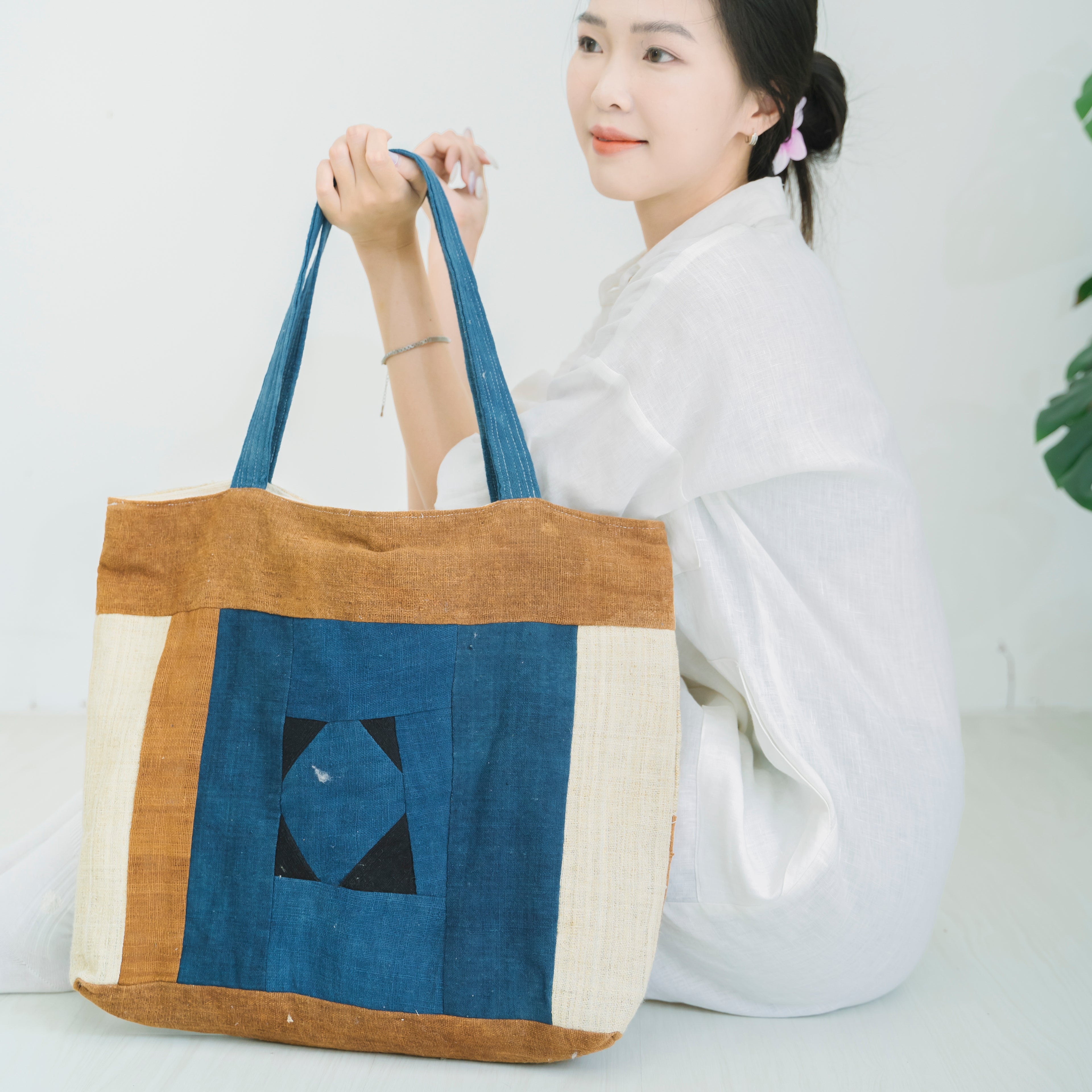 Hmong Earthy Indigo Patchwork Tote Bag - Hand-Sewn Brocade Mosaic - Traditional Hill Tribe Artisan Shoulder Bag