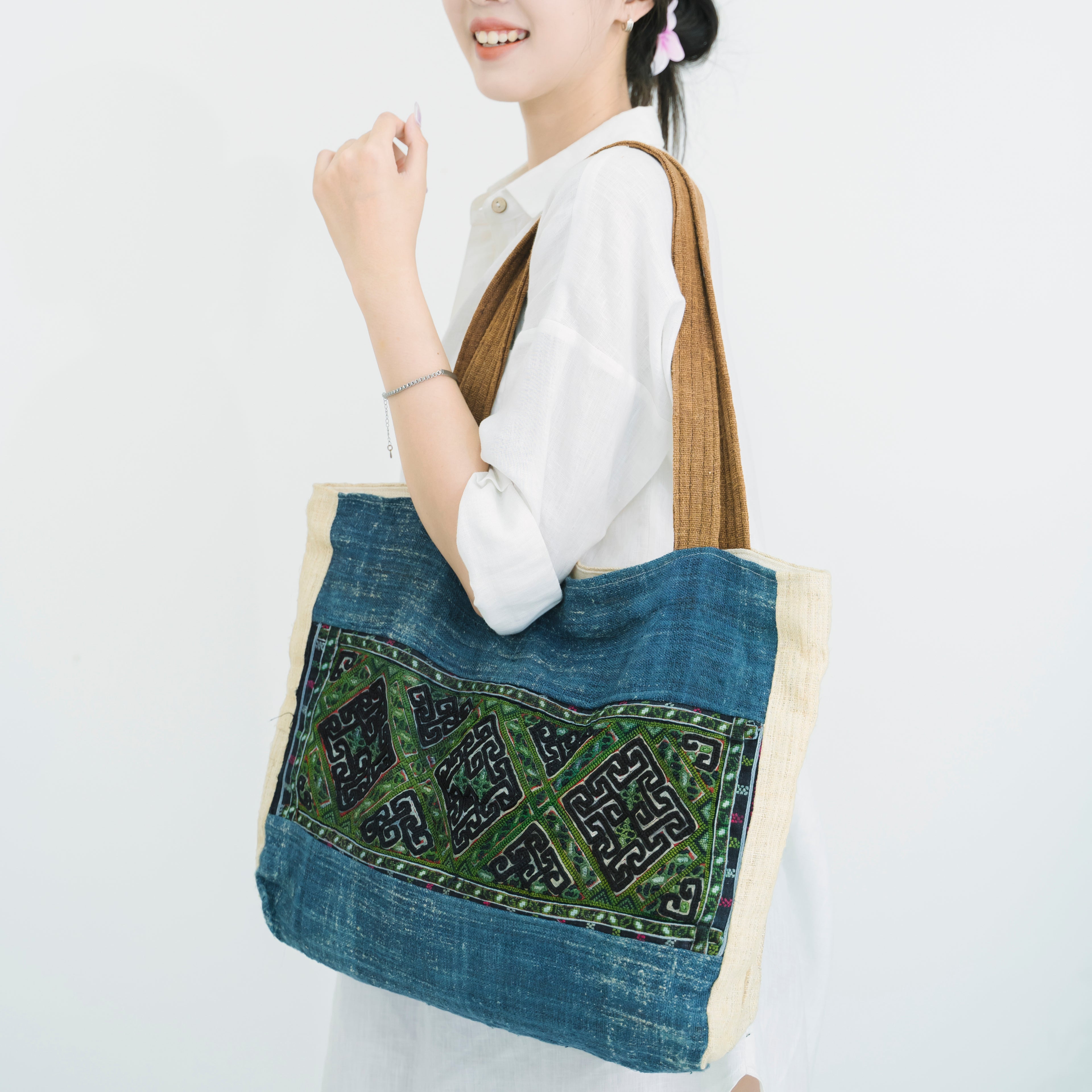 Hmong Indigo & Green Embroidered Tote Bag - Hand-Dyed Brocade with Vibrant Accent - Hill Tribe Artisan Shoulder Bag