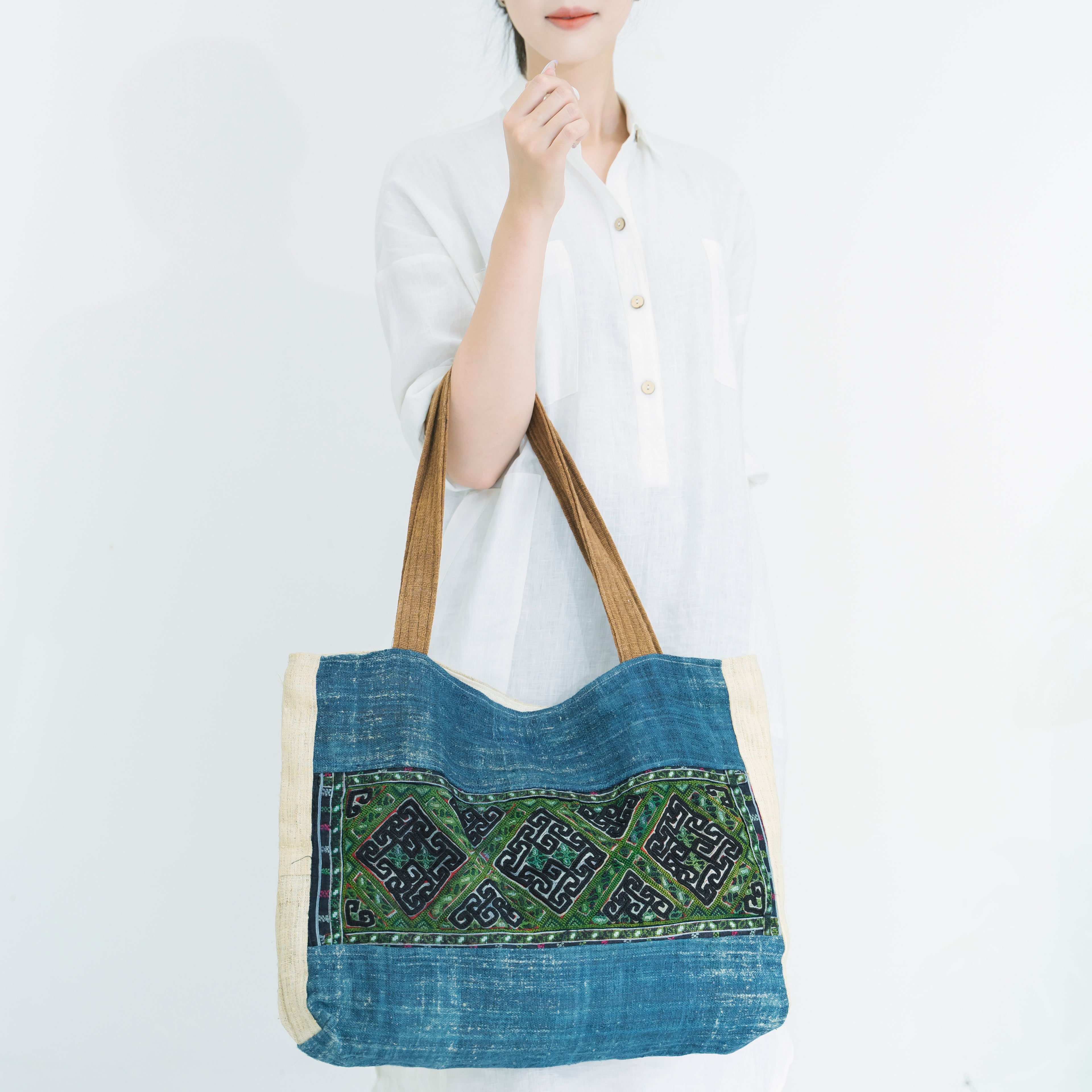 Hmong Indigo & Green Embroidered Tote Bag - Hand-Dyed Brocade with Vibrant Accent - Hill Tribe Artisan Shoulder Bag