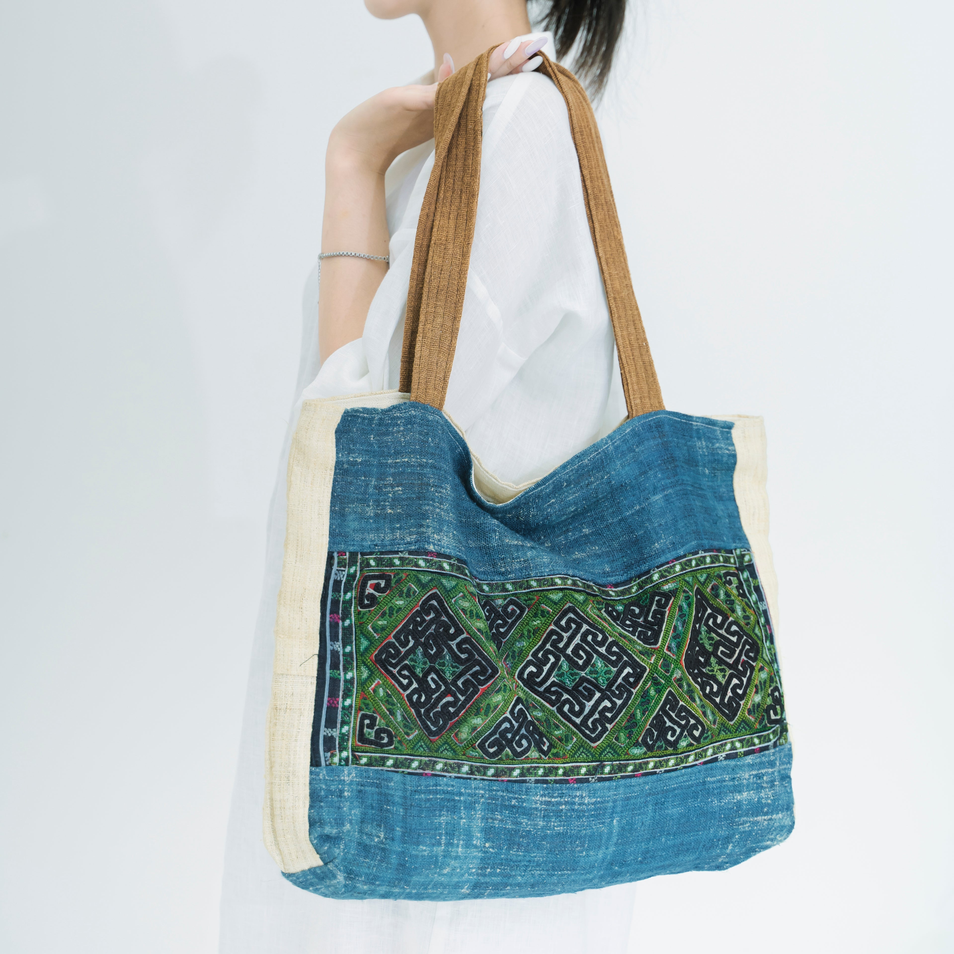 Hmong Indigo & Green Embroidered Tote Bag - Hand-Dyed Brocade with Vibrant Accent - Hill Tribe Artisan Shoulder Bag