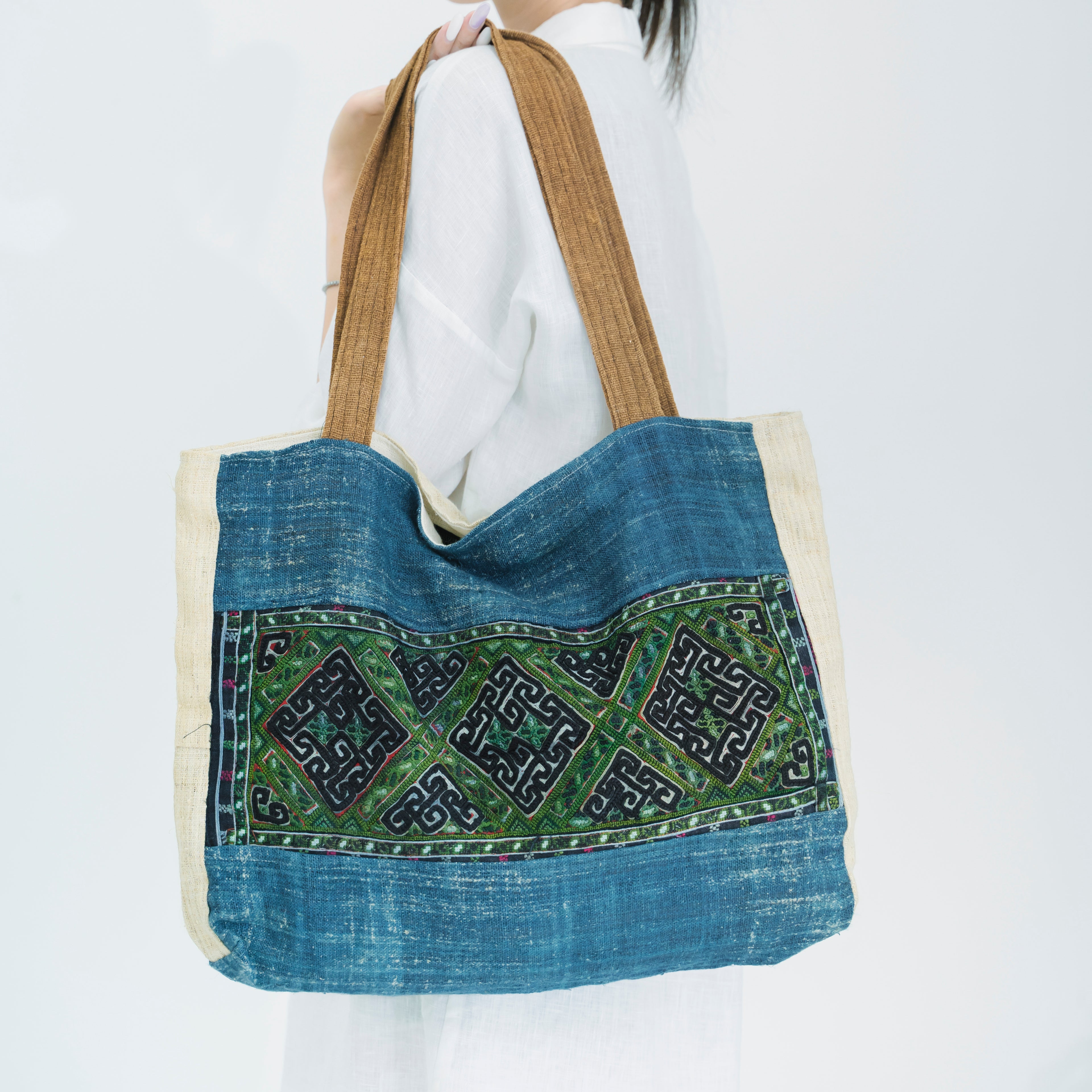 Hmong Indigo & Green Embroidered Tote Bag - Hand-Dyed Brocade with Vibrant Accent - Hill Tribe Artisan Shoulder Bag